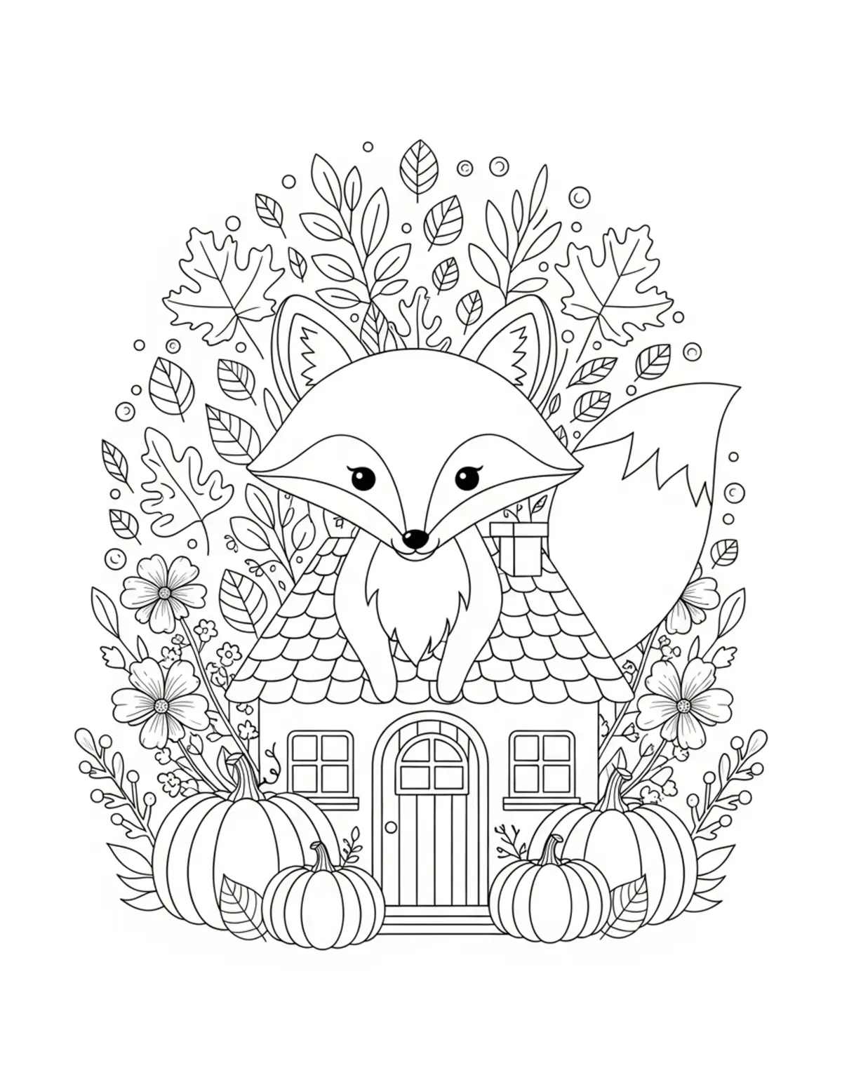 Free printable coloring page: cute fox autumn cottage pumpk coloring page. Cute design for kids and adults.