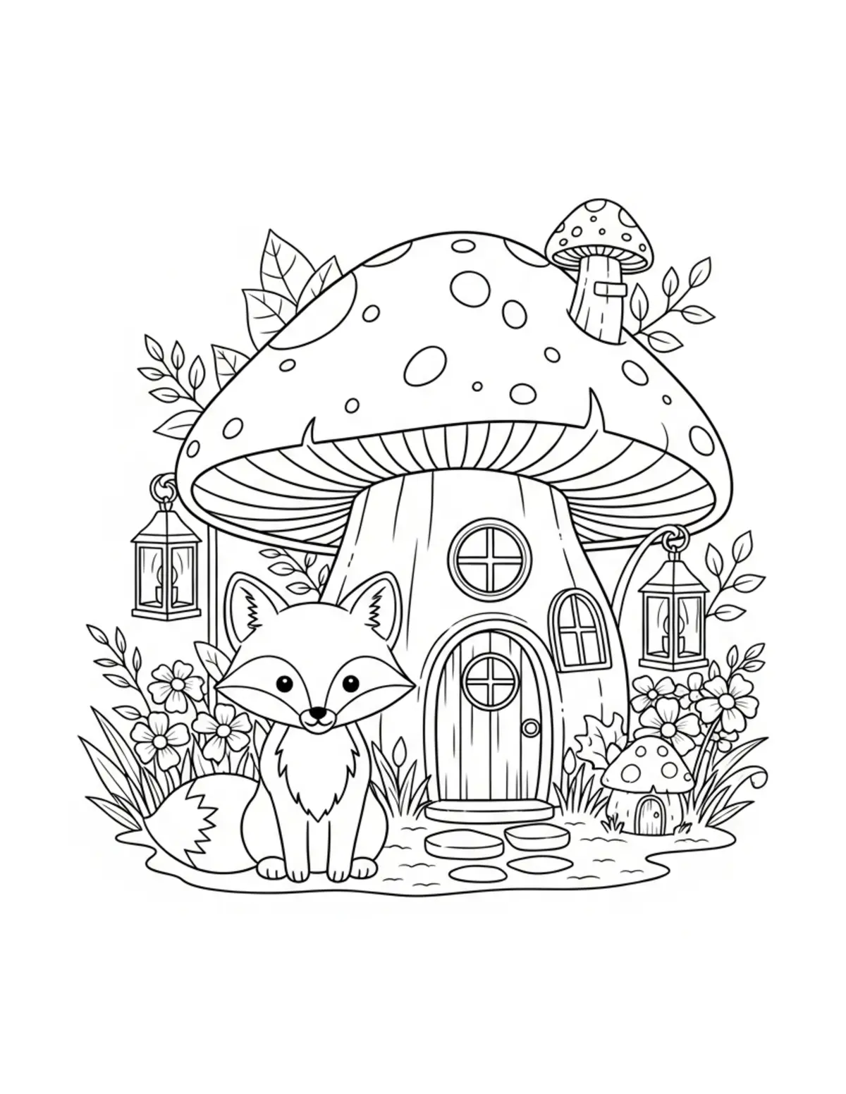 Ivy-Covered Stone Cottage — free printable cottagecore coloring coloring page with thatched roof theme