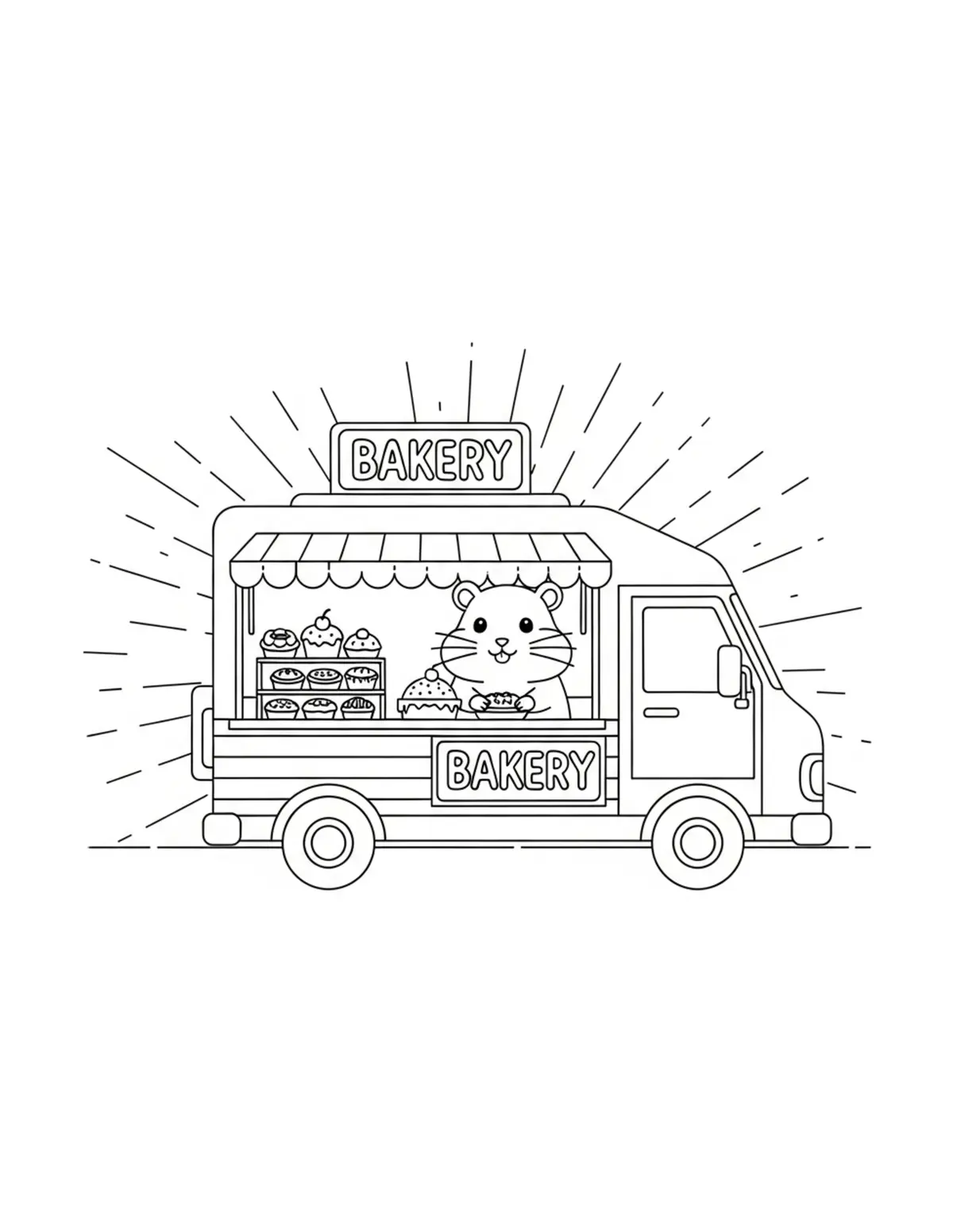 Cute Hamster Bakery Truck Colo — free printable cozy coloring coloring page for kids and adults