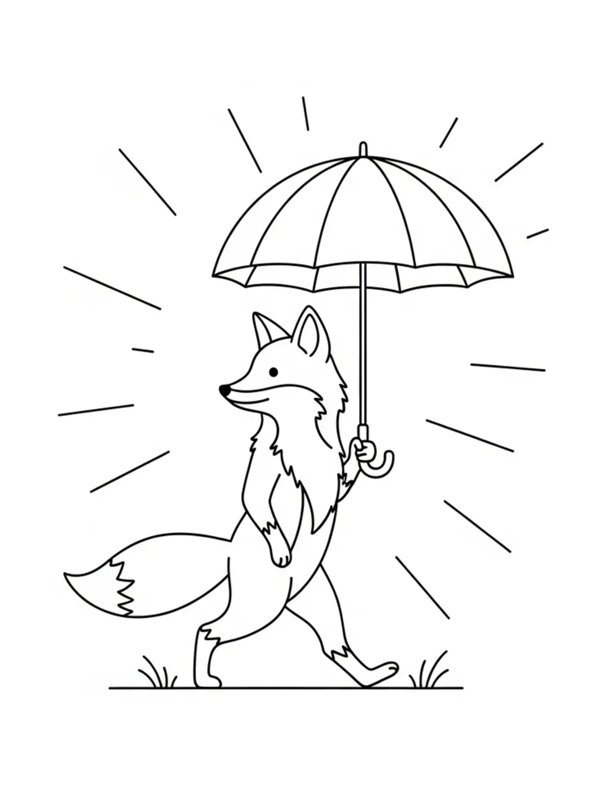 Free printable coloring page: fox walking with umbrella coloring page. Cute and cozy design for kids and adults to download and print.