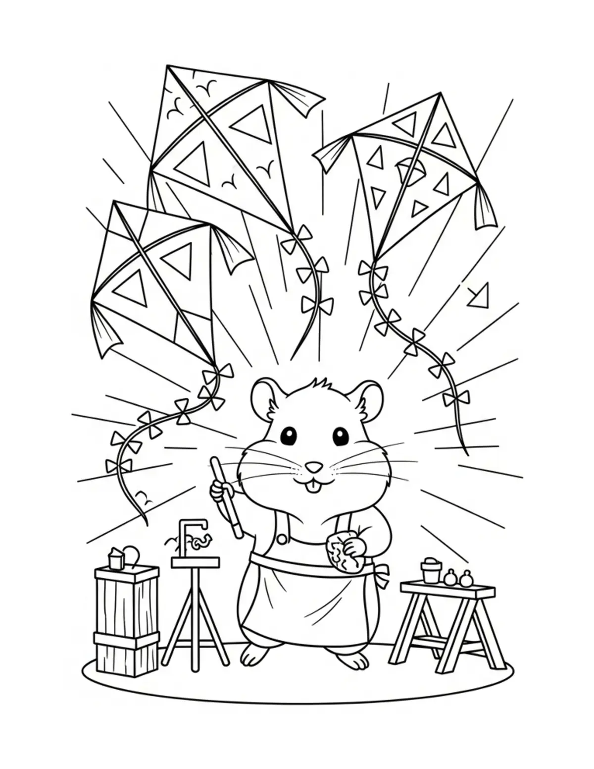 Little Hamster Running A Kite coloring page - free printable JPG featuring adorable woodland animals
