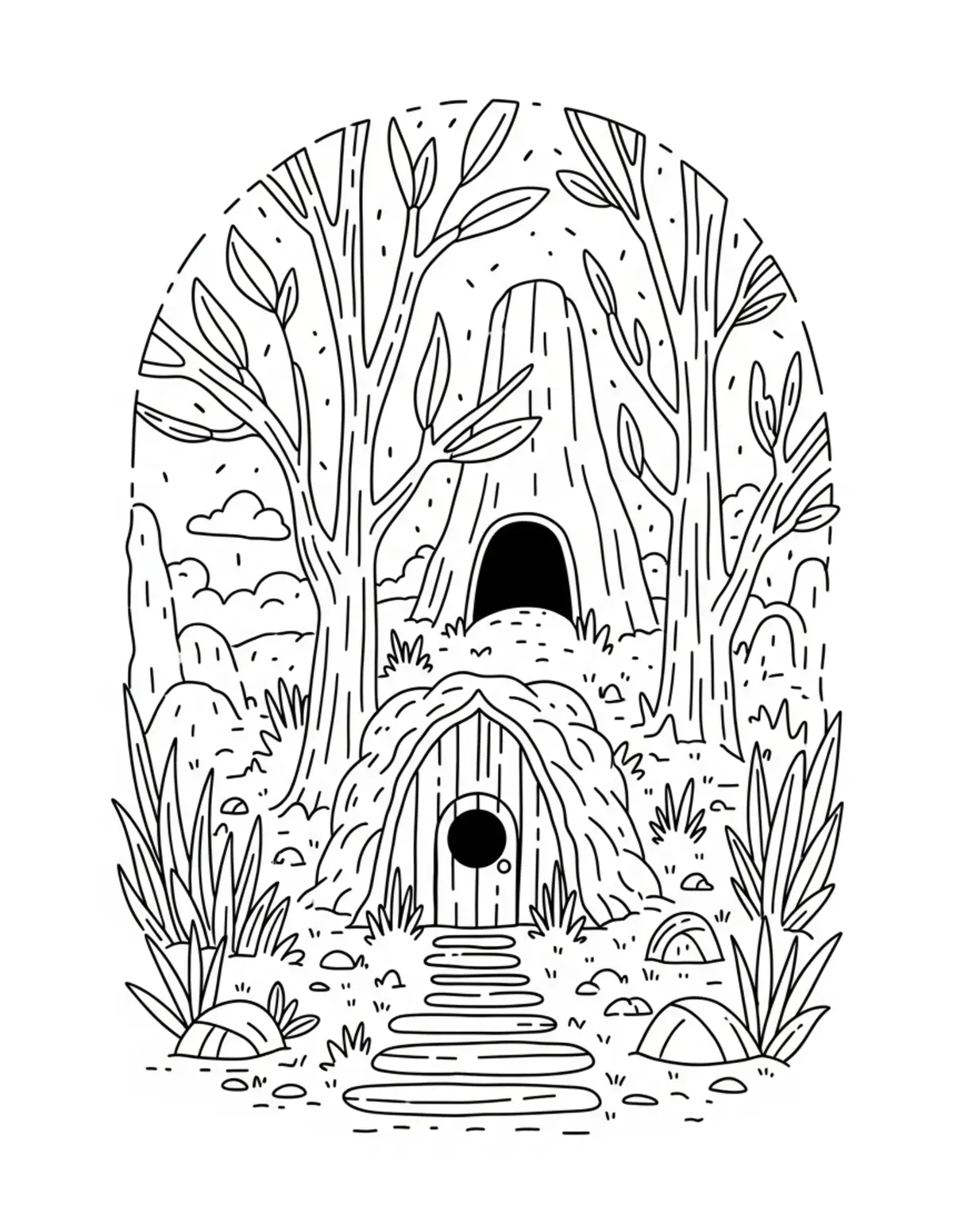 Free printable coloring page: secret-woodland-hideaway coloring page. Cute and cozy design for kids and adults to download and print.