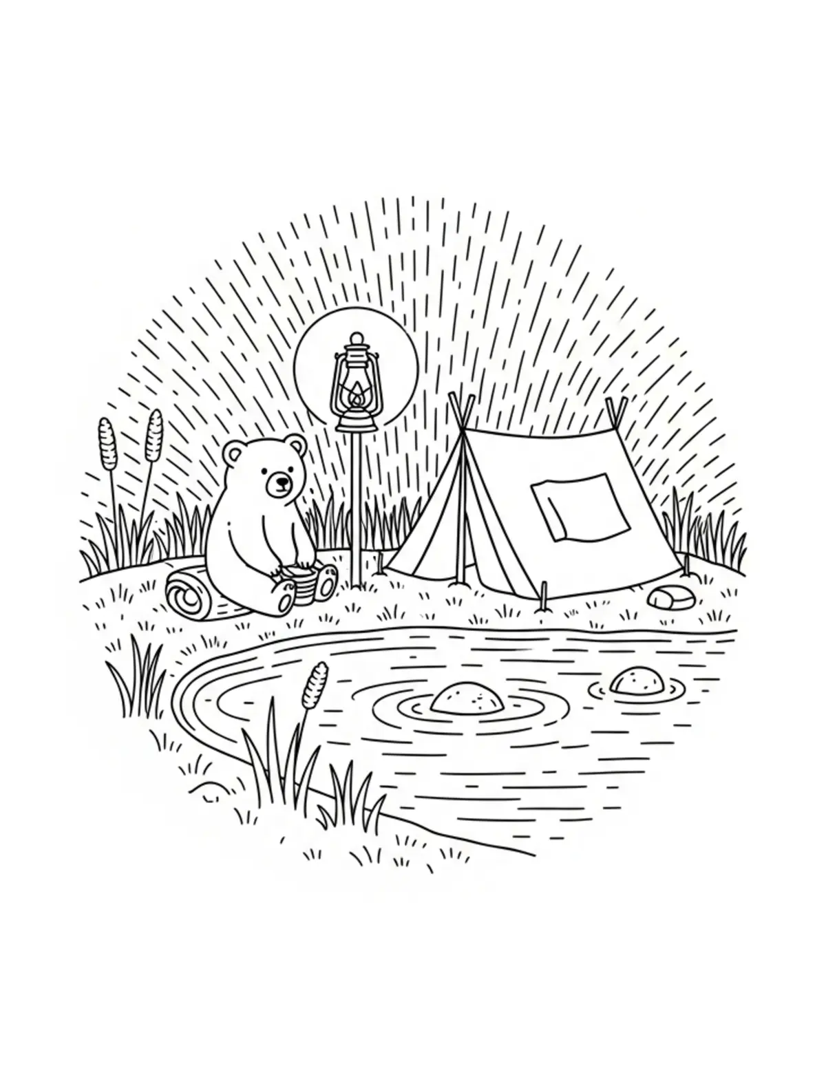 Free printable coloring page: tiny-bear-camping-beside-a-lan coloring page. Cute and cozy design for kids and adults to download and print.
