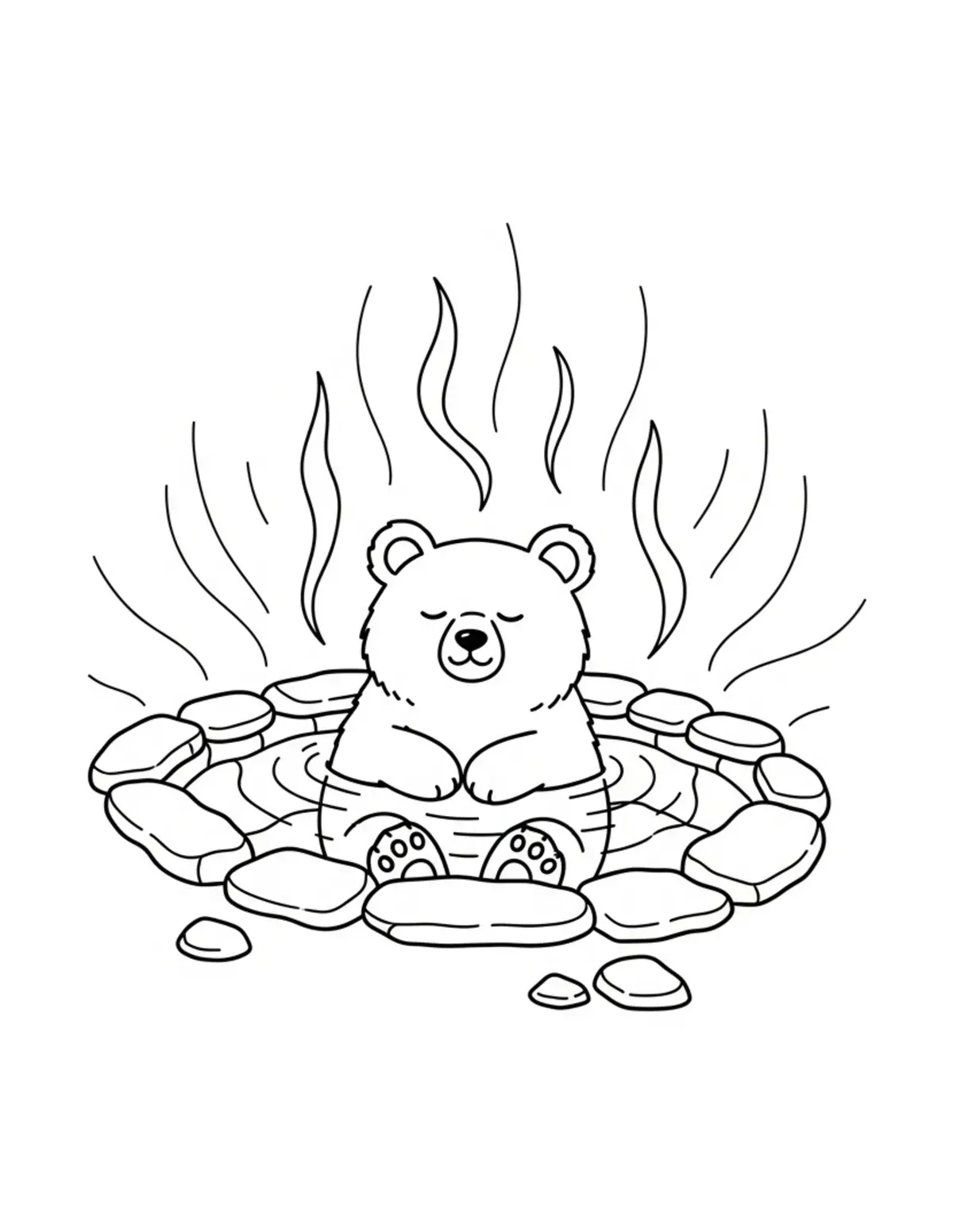 Free printable coloring page: tiny-bear-relaxing-in-a-woodla coloring page. Cute and cozy design for kids and adults to download and print.