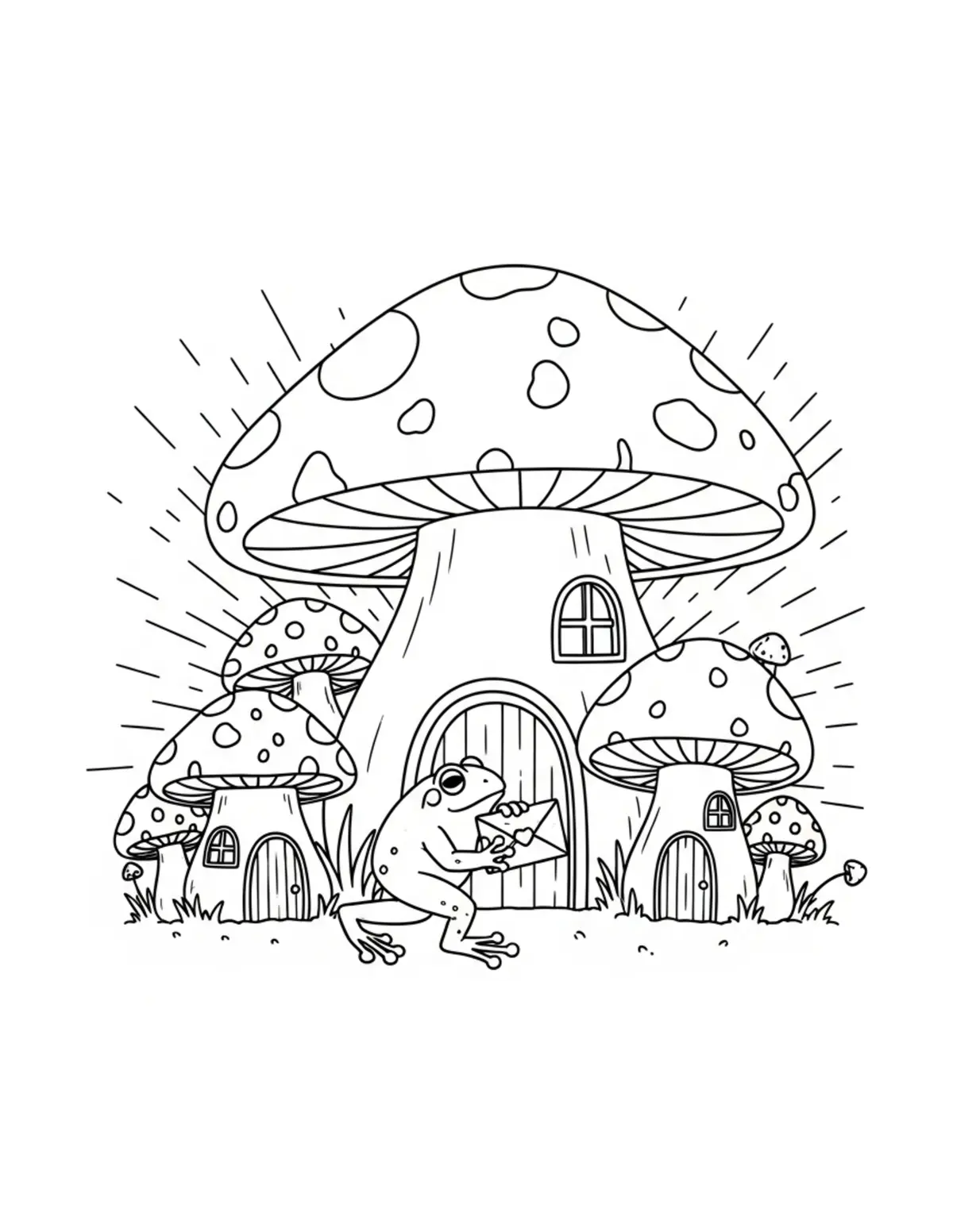 Free printable coloring page: tiny-frog-delivering-mail-arou coloring page. Cute and cozy design for kids and adults to download and print.