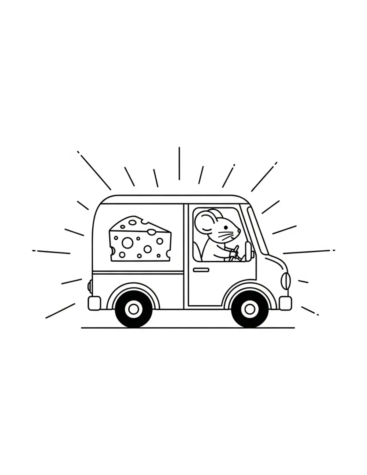 Free printable coloring page: tiny-mouse-driving-a-cheese-de coloring page. Cute and cozy design for kids and adults to download and print.