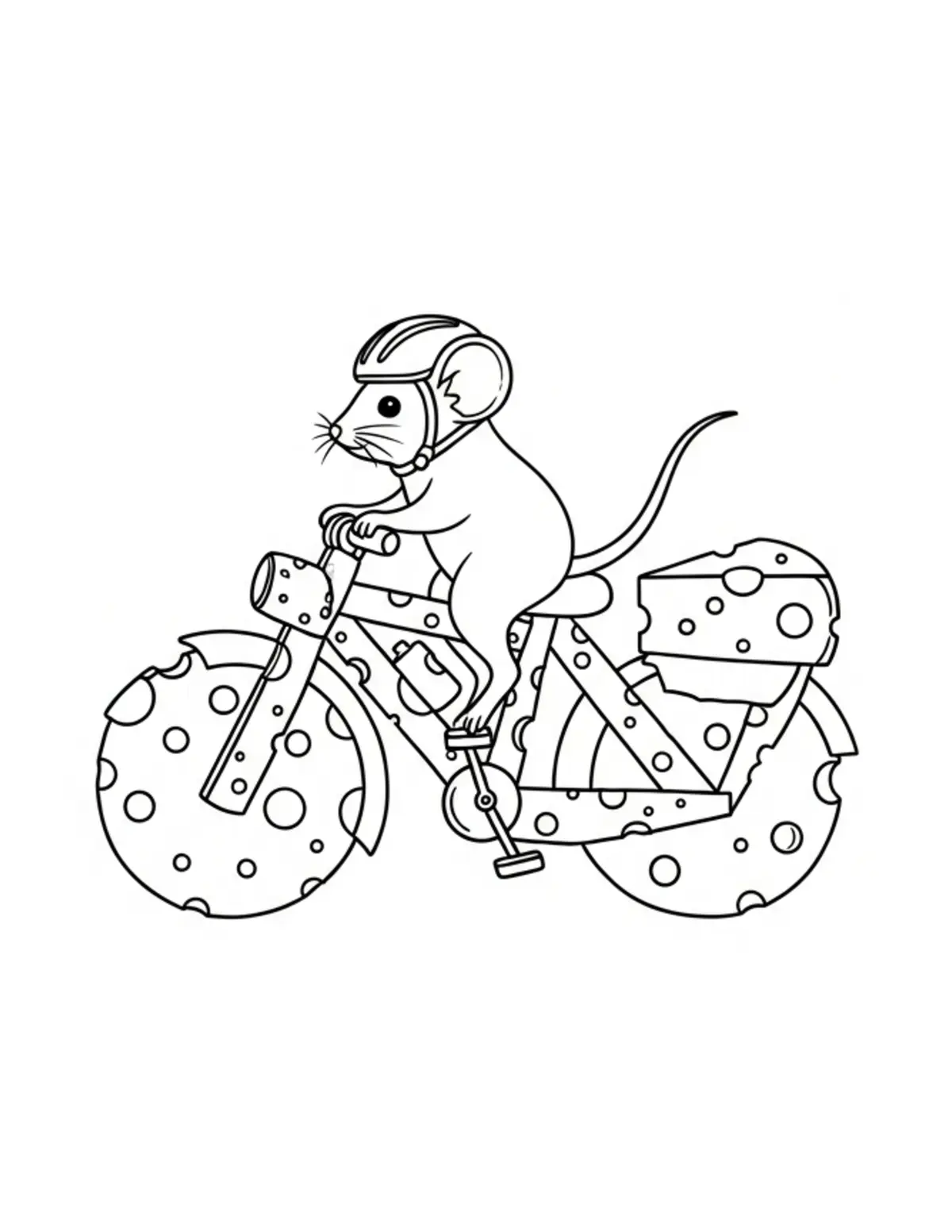 Free printable coloring page: tiny-mouse-riding-a-cheese-bic coloring page. Cute and cozy design for kids and adults to download and print.