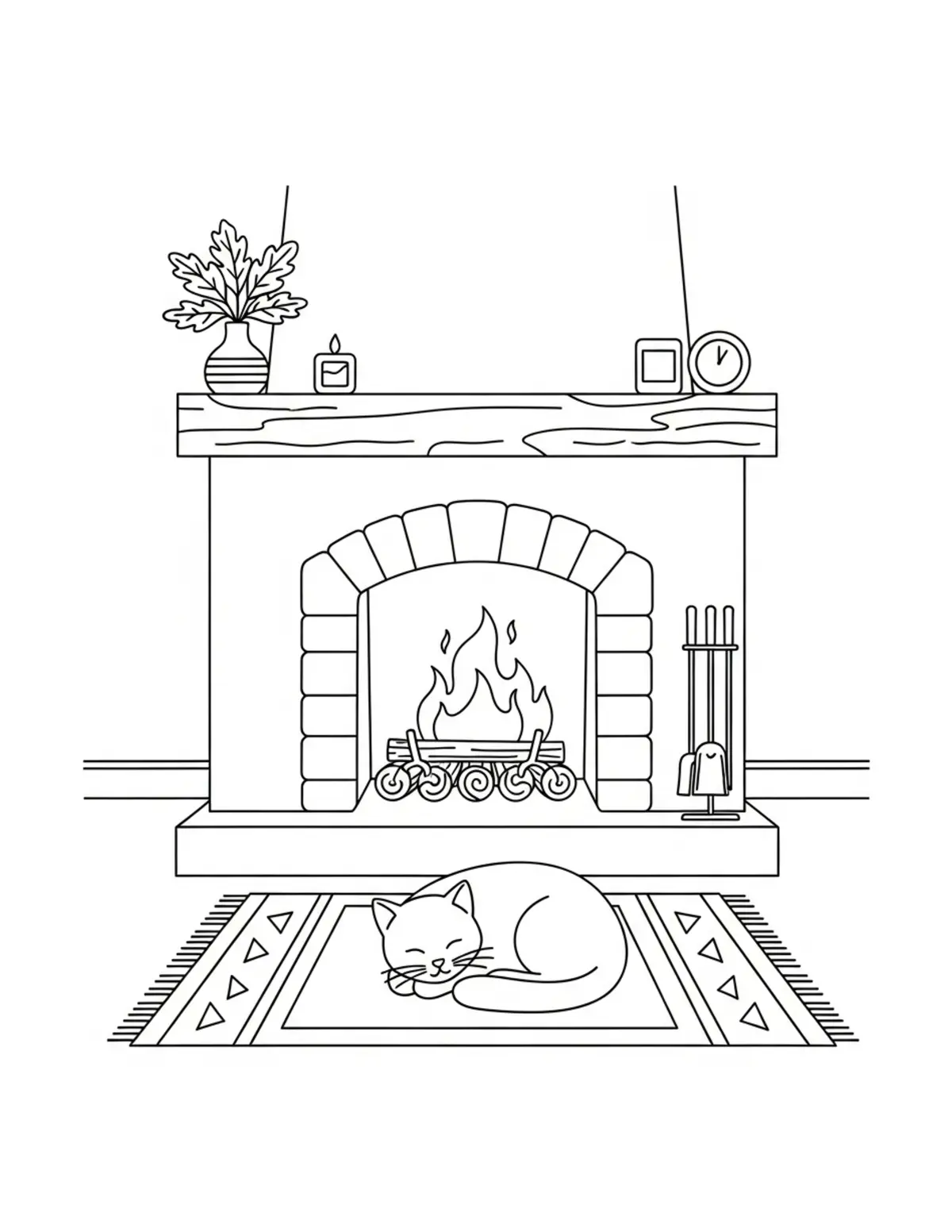 Free printable coloring page: autumn cottage interior coloring page. Cute and cozy design for kids and adults to download and print.