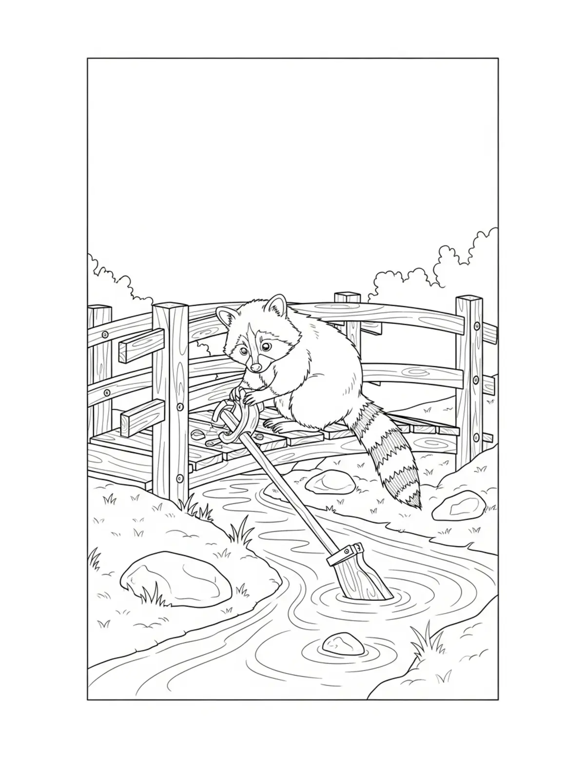 Baby Raccoon Repairing a Wooden Fence coloring page - free printable JPG featuring adorable woodland animals
