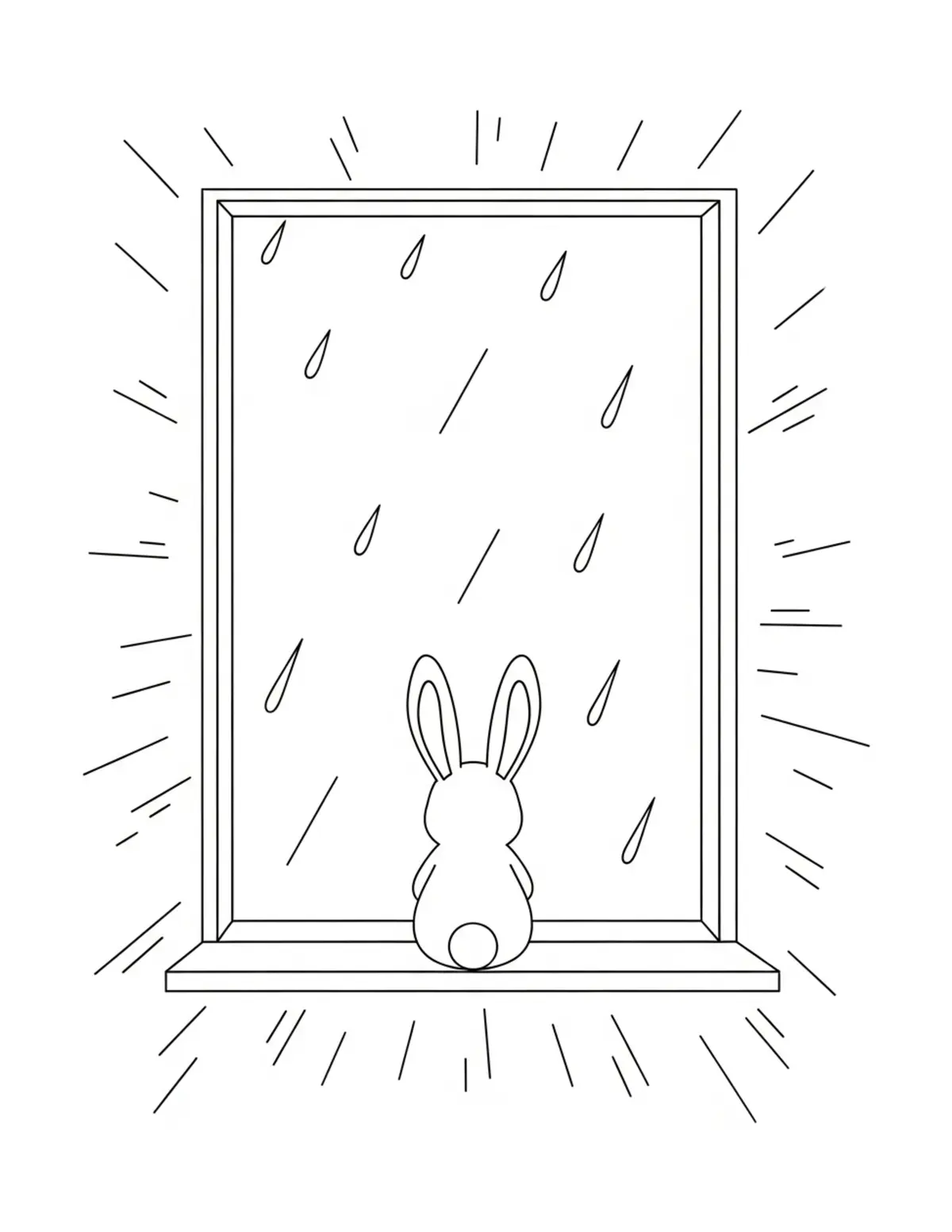 Free printable coloring page: bunny watching rain from windo coloring page. Cute and cozy design for kids and adults to download and print.