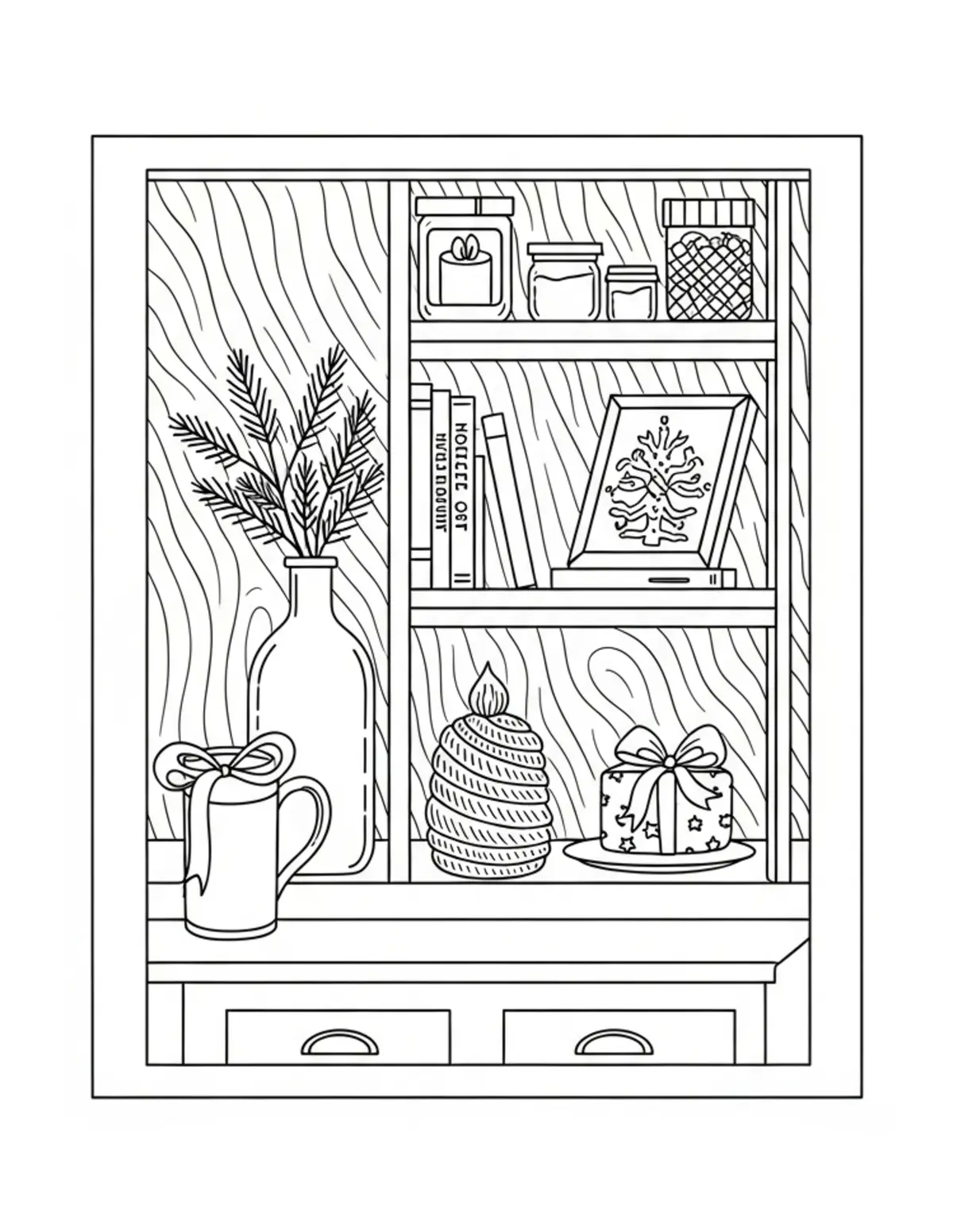 Free printable coloring page: cozy seasonal craft corner coloring page. Cute and cozy design for kids and adults to download and print.