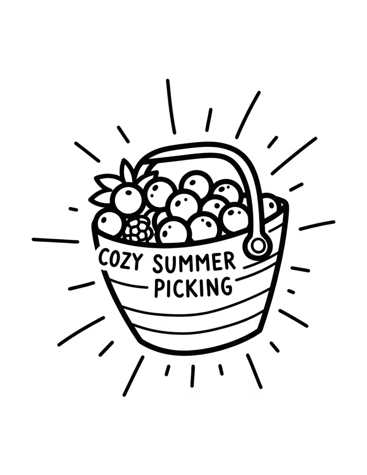 Free printable coloring page: cozy summer berry picking coloring page. Cute and cozy summer design for kids and adults to download and print.