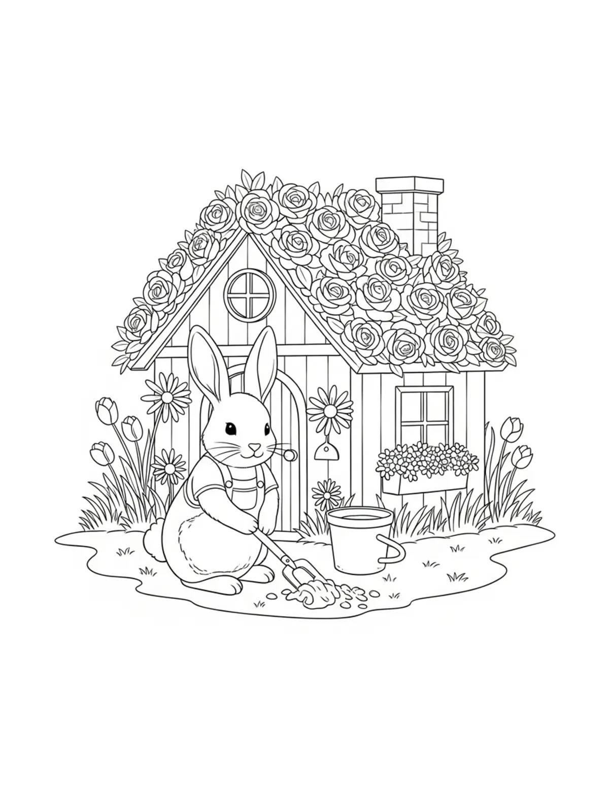 Cute Rabbit Flower Cottage Col — free printable cozy coloring coloring page for kids and adults