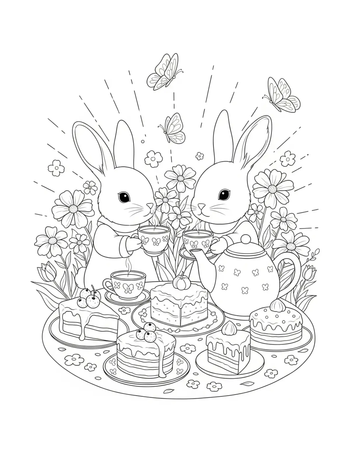Cute Rabbit Tea Party — free printable cozy coloring coloring page for kids and adults