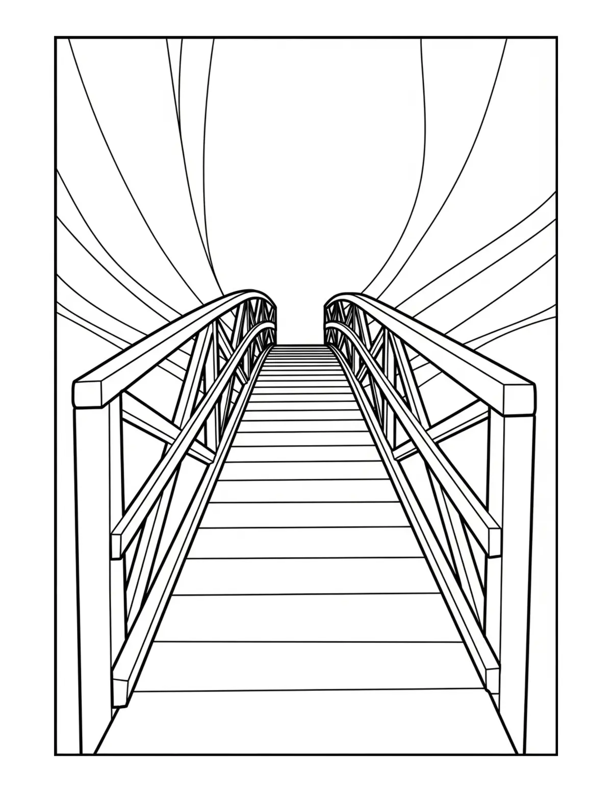 Free printable coloring page: mystery-forest-footbridge coloring page. Cute and cozy design for kids and adults to download and print.