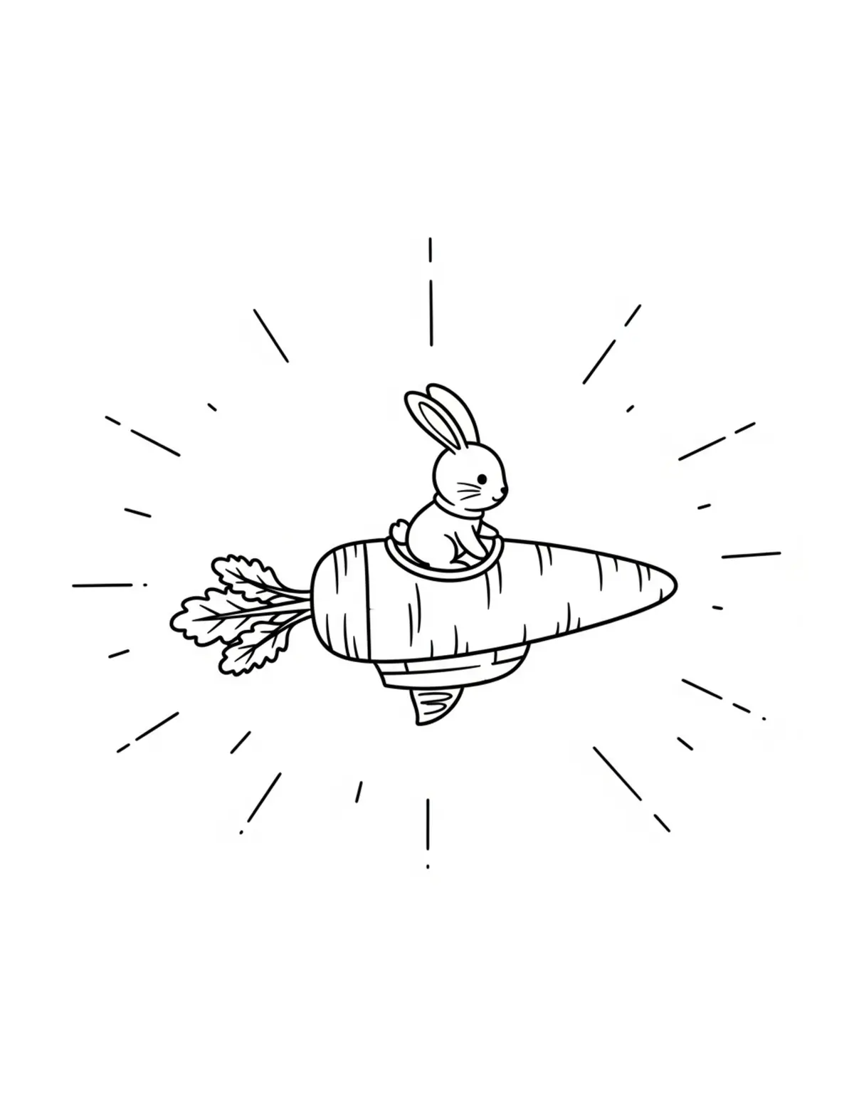 Free printable coloring page: tiny-bunny-flying-a-carrot-air coloring page. Cute and cozy design for kids and adults to download and print.