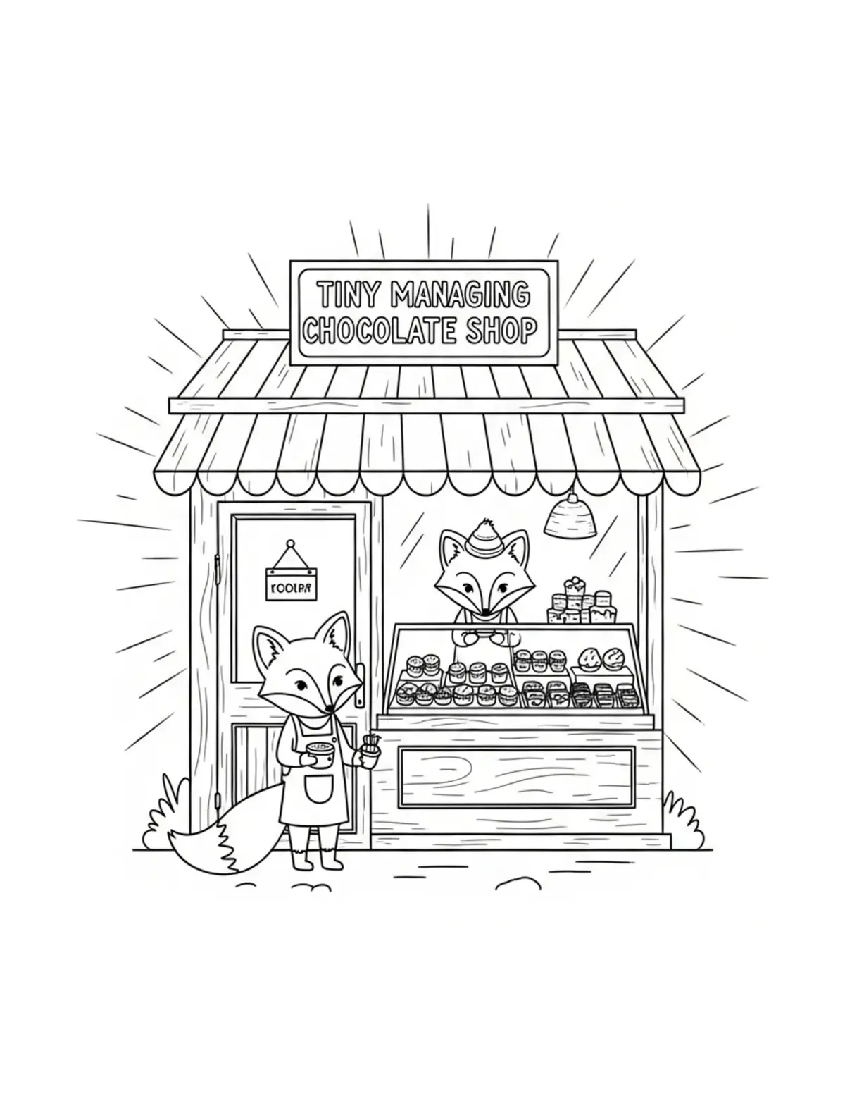 Free printable coloring page: tiny-fox-managing-a-cozy-choco coloring page. Cute and cozy design for kids and adults to download and print.
