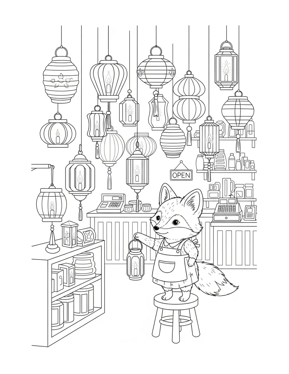 Free printable coloring page: tiny-fox-managing-a-cozy-lante coloring page. Cute and cozy design for kids and adults to download and print.