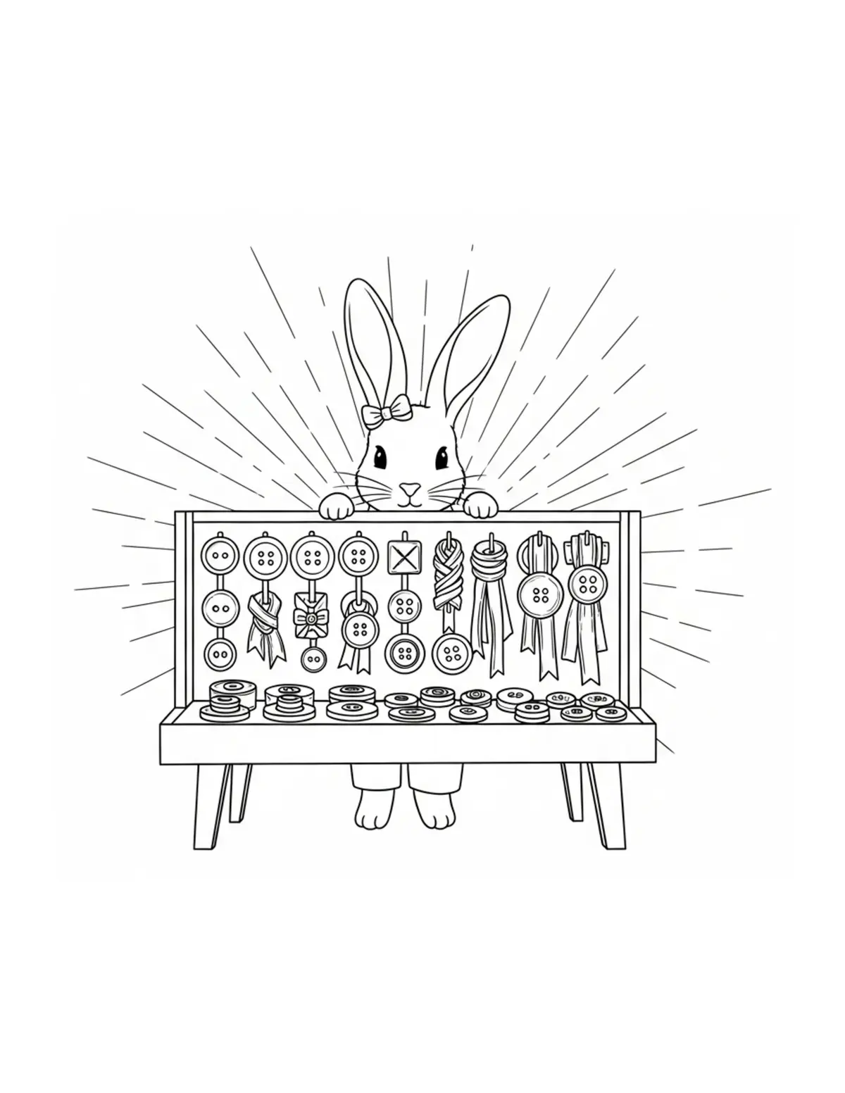Free printable coloring page: tiny rabbit managing a button coloring page. Cute and cozy tiny animal design for kids and adults to download and print.