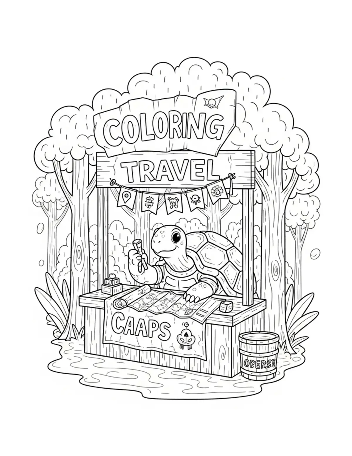 Turtle Selling Maps at a Fores Coloring Page - free printable JPG featuring adorable woodland animals
