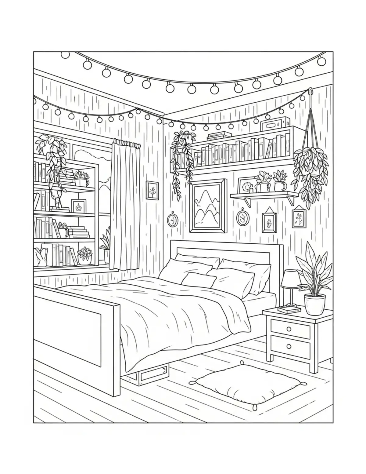 Free printable coloring page: bedroom with fairy lights coloring page. Cute and cozy design for kids and adults to download and print.