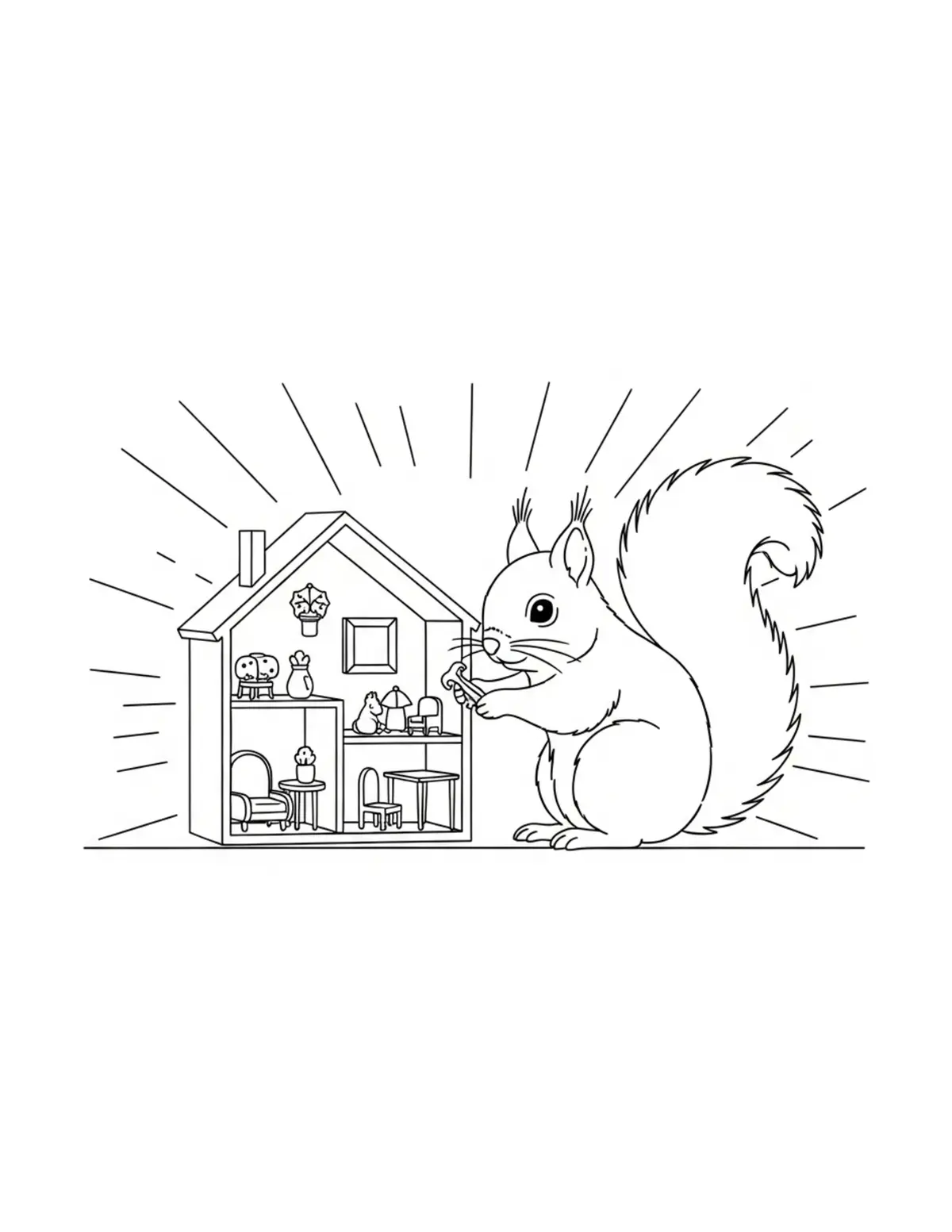 Adorable Squirrel Decorating A Coloring Page - free printable JPG featuring adorable tiny animal village scene