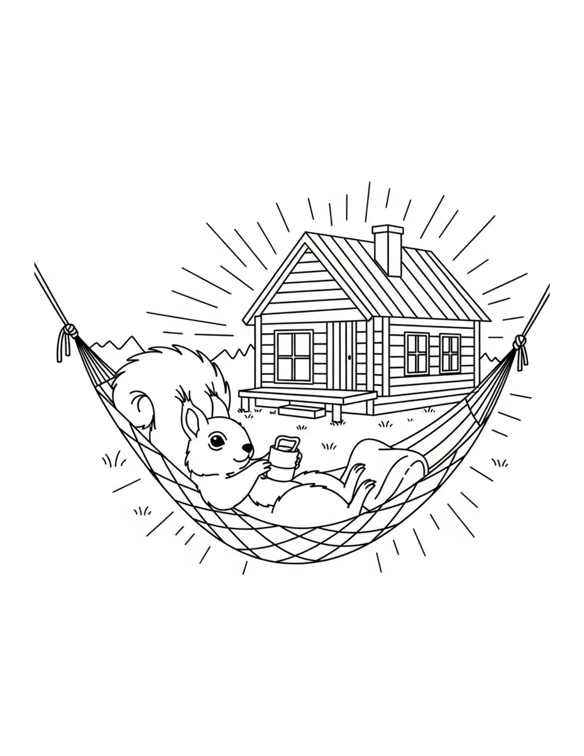 Adorable Squirrel Relaxing In  Coloring Page - free printable JPG featuring adorable tiny animal village scene