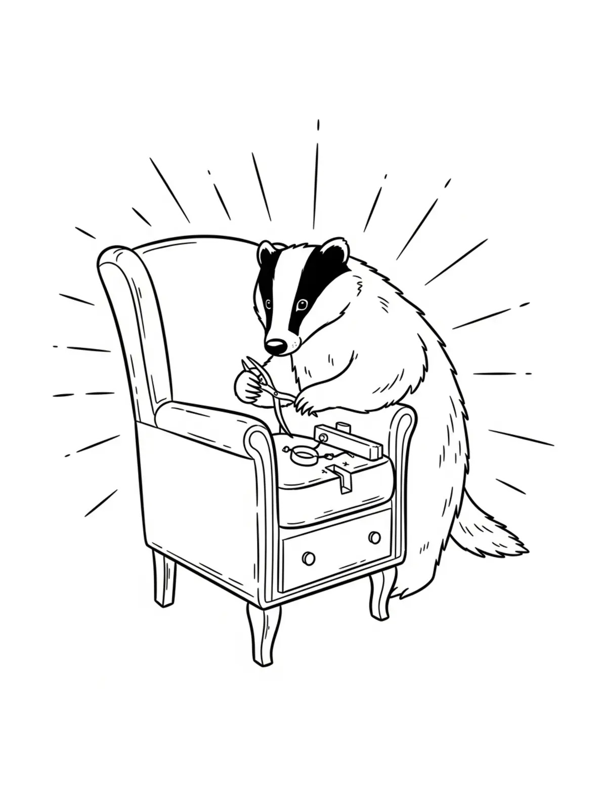 Badger Repairing Antique Furni Coloring Page - free printable JPG featuring adorable woodland animals