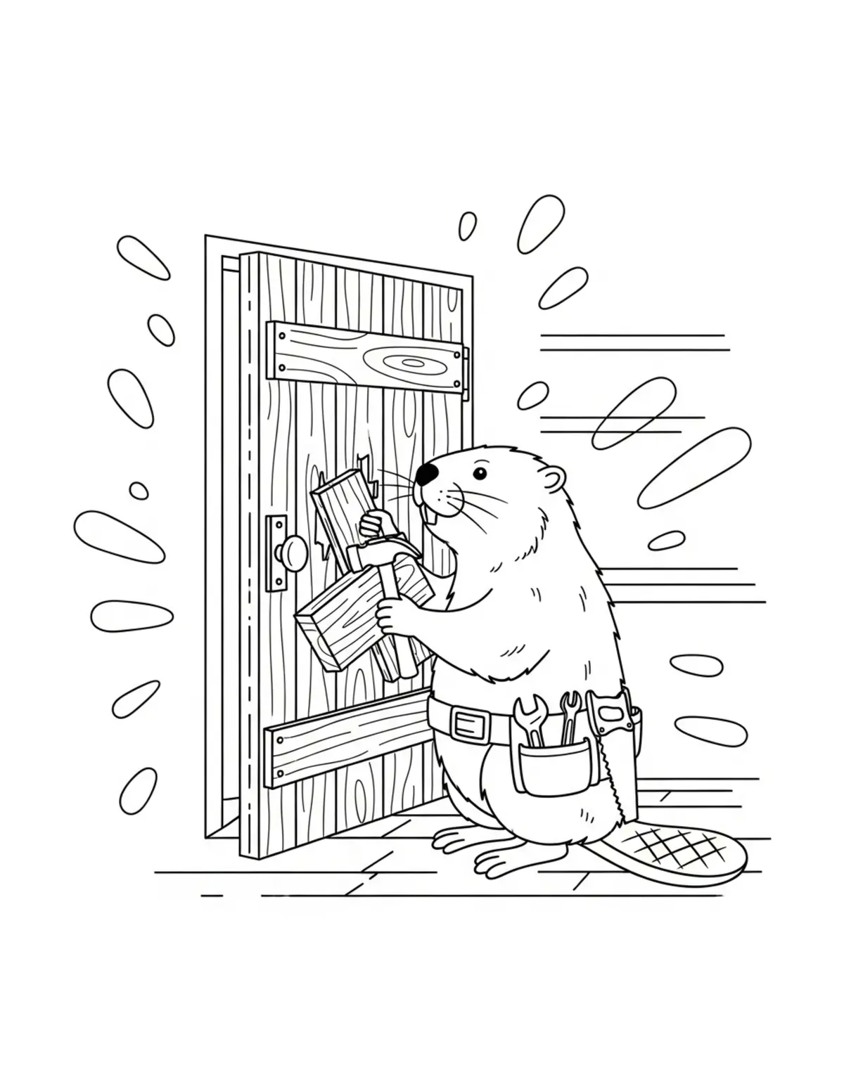 Beaver Repairing a Workshop Door Coloring Page - free printable JPG featuring adorable woodland beaver