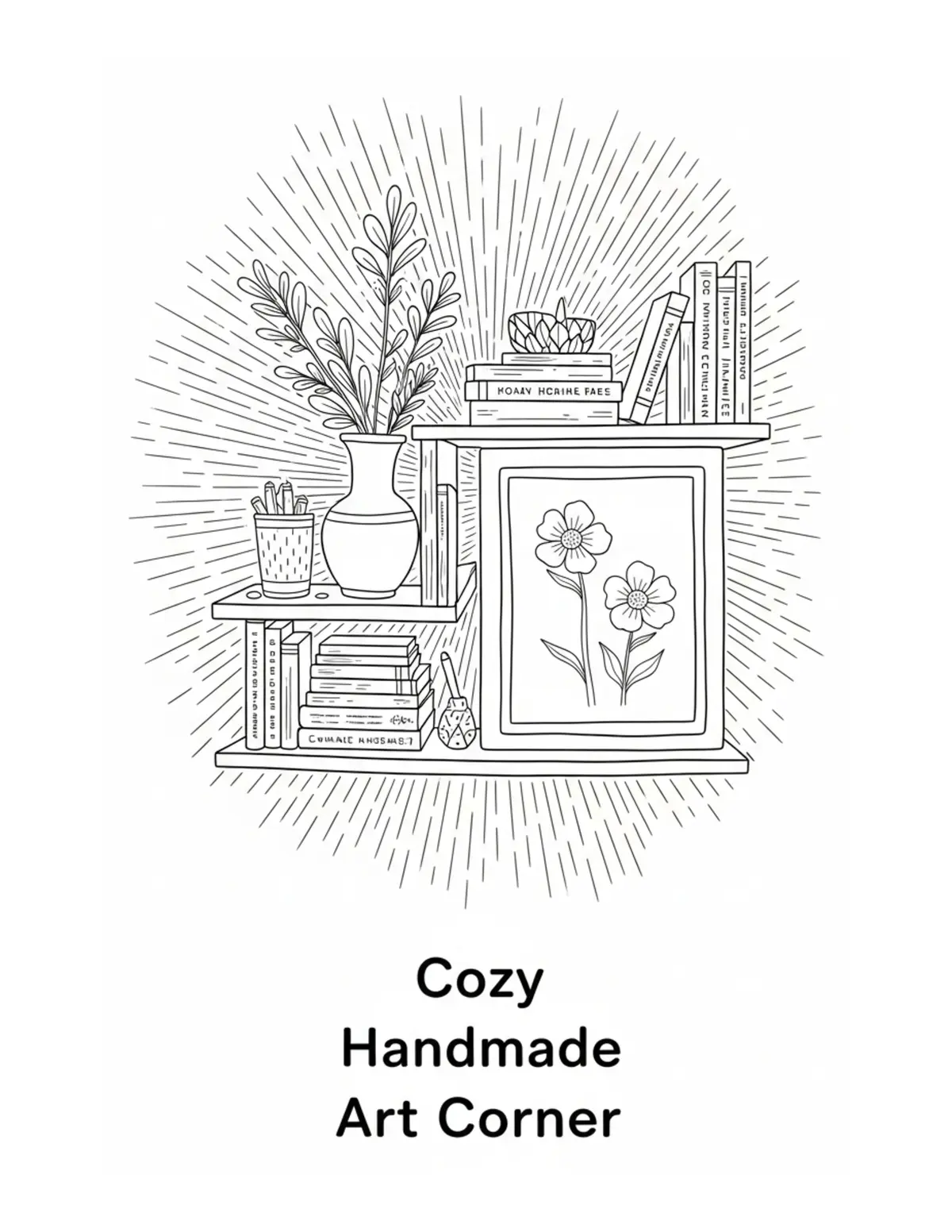 Free printable coloring page: cozy handmade art corner coloring page. Cute and cozy design for kids and adults to download and print.