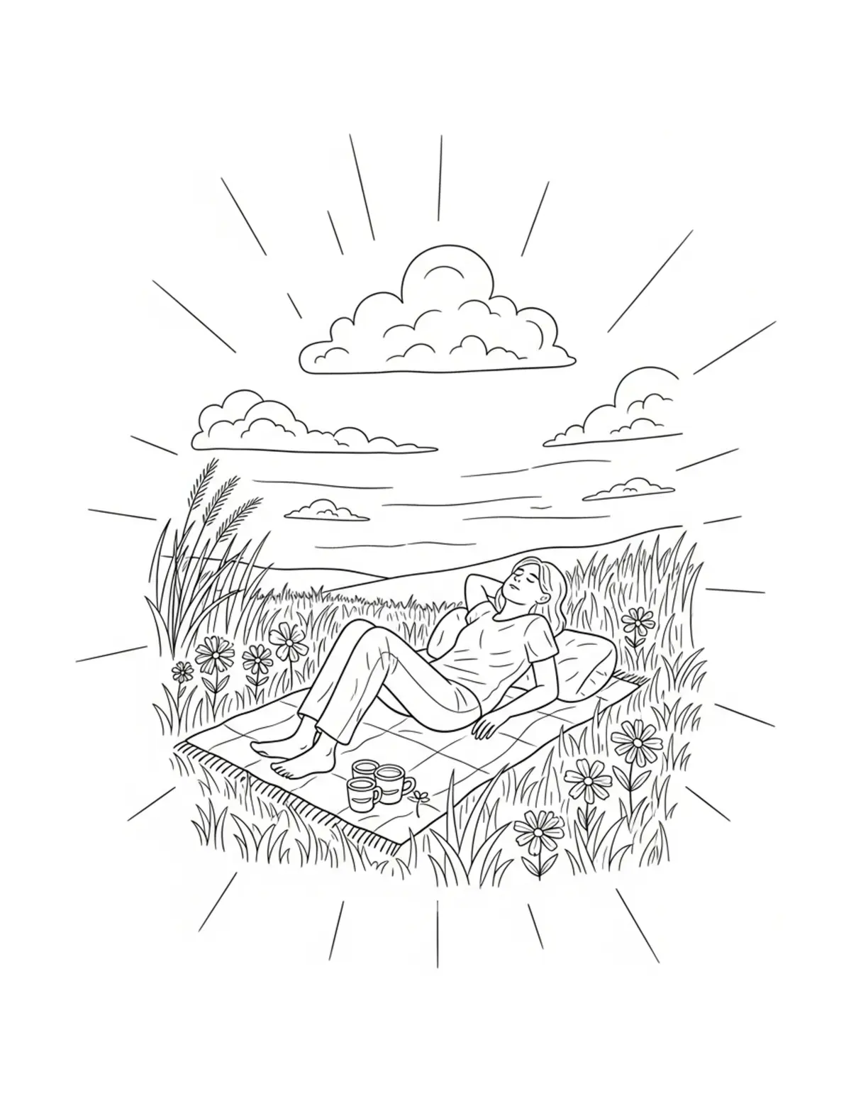 Free printable coloring page: cozy summer meadow relaxation coloring page. Cute and cozy summer design for kids and adults to download and print.
