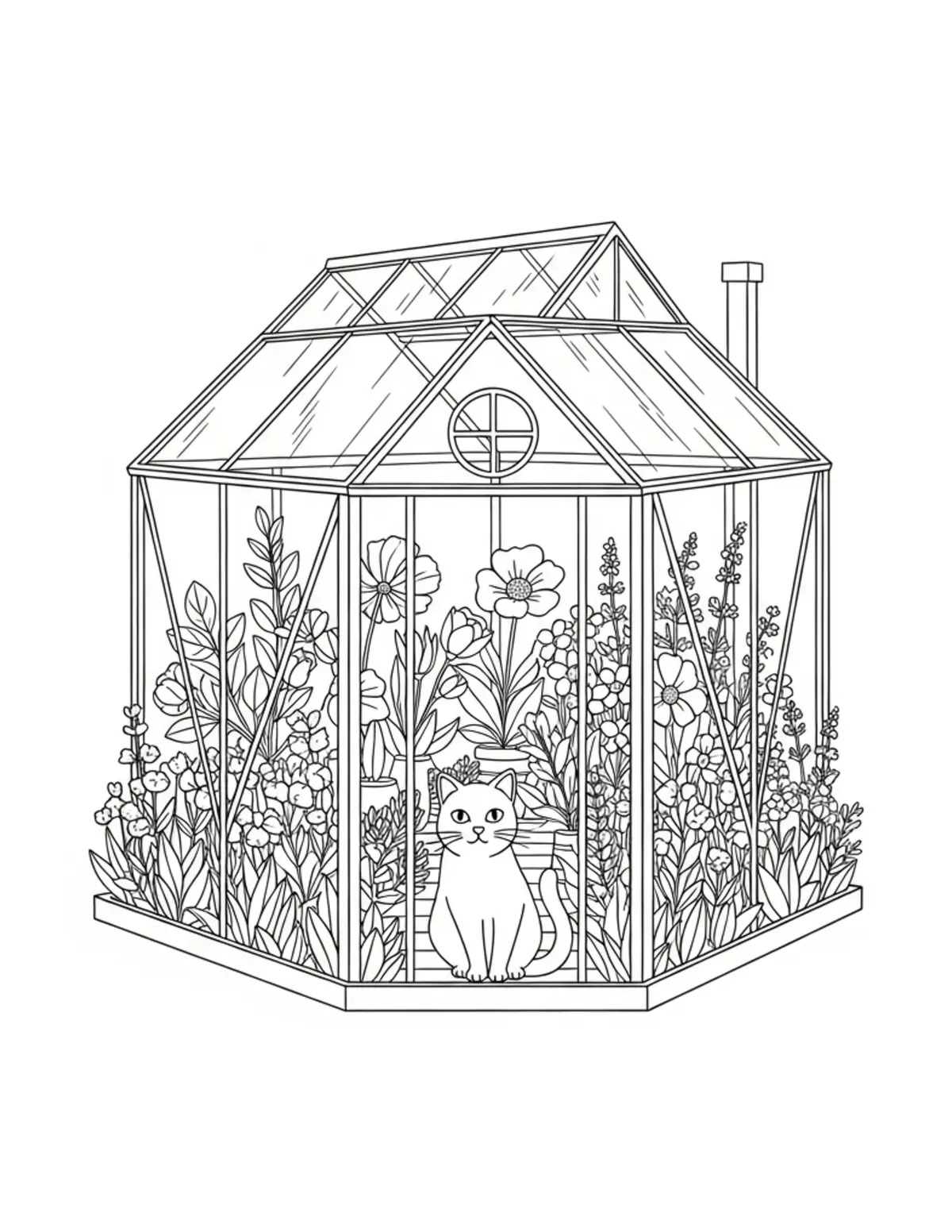 Free printable coloring page: cute cat greenhouse cottage f coloring page. Cute design for kids and adults.