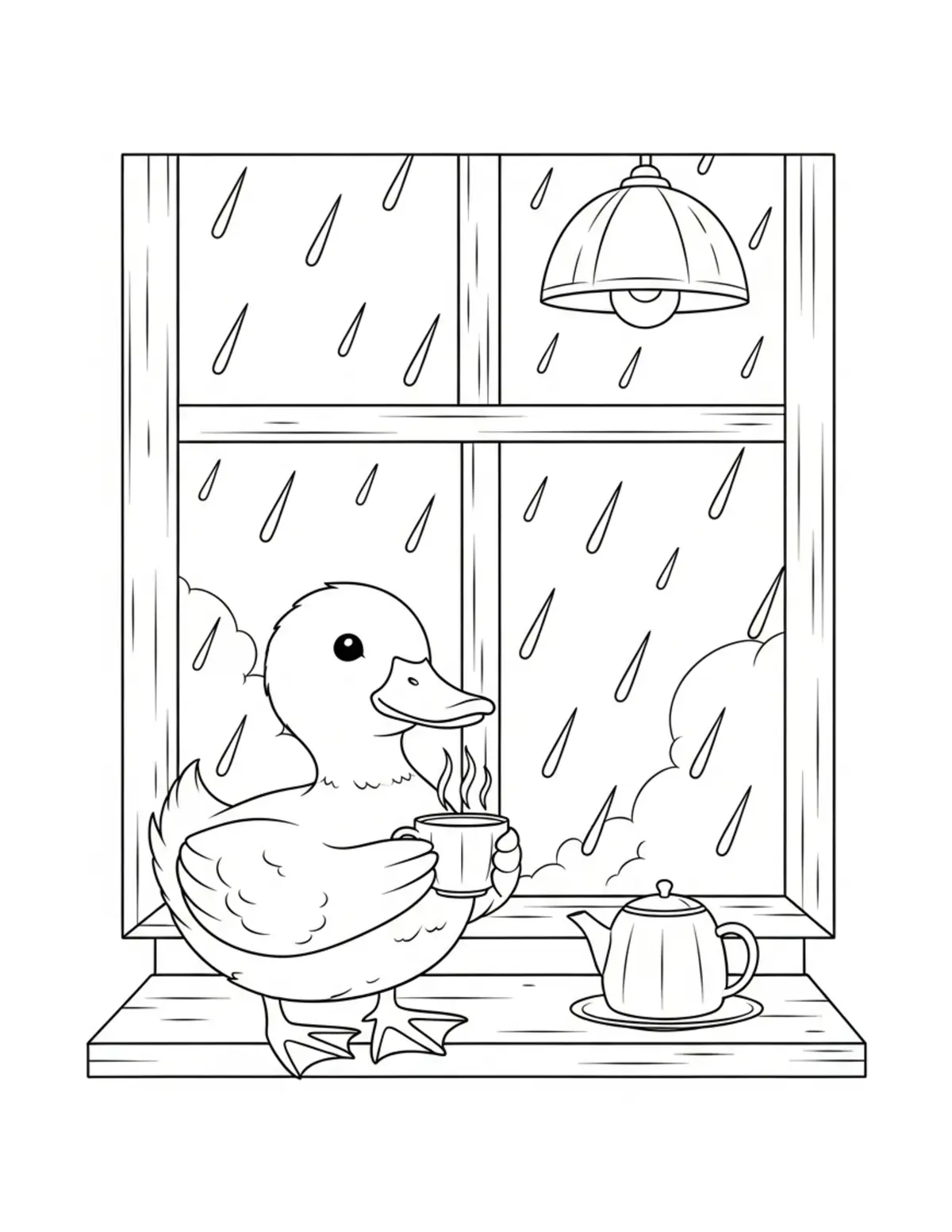 Cute Duck Rainy Day Cafe Color — free printable cozy coloring coloring page for kids and adults