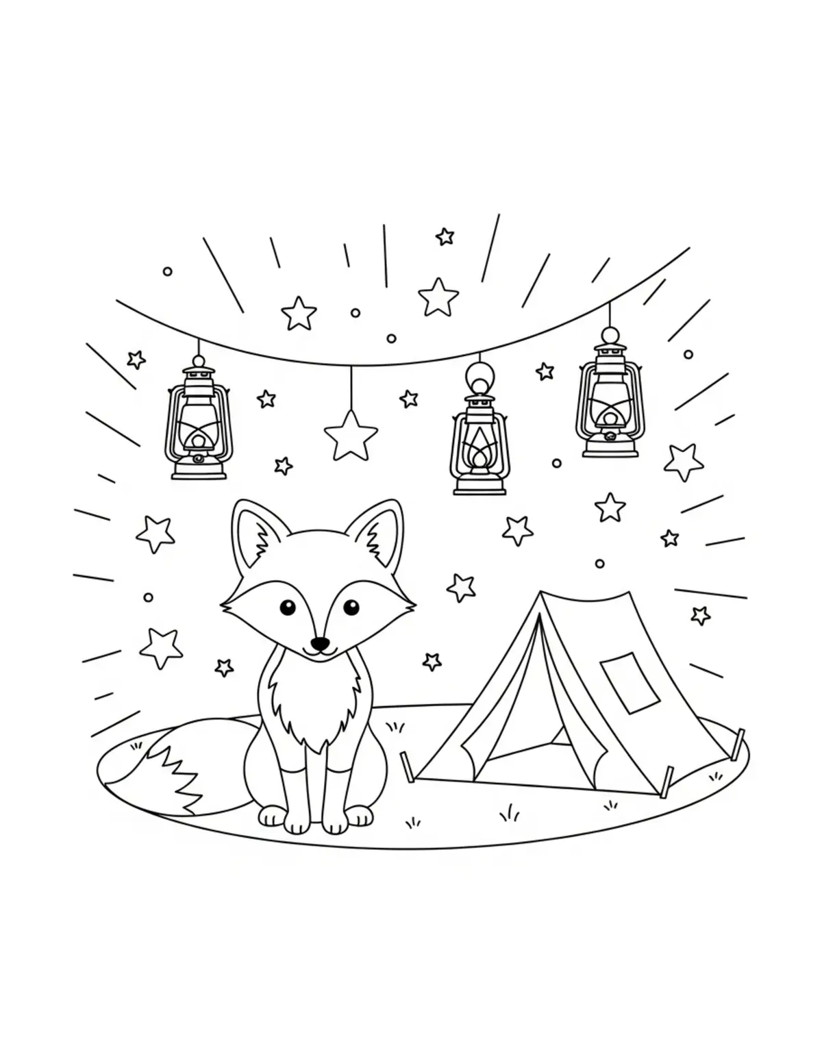 Cute Fox Stargazing Camp Color — free printable cozy coloring coloring page for kids and adults
