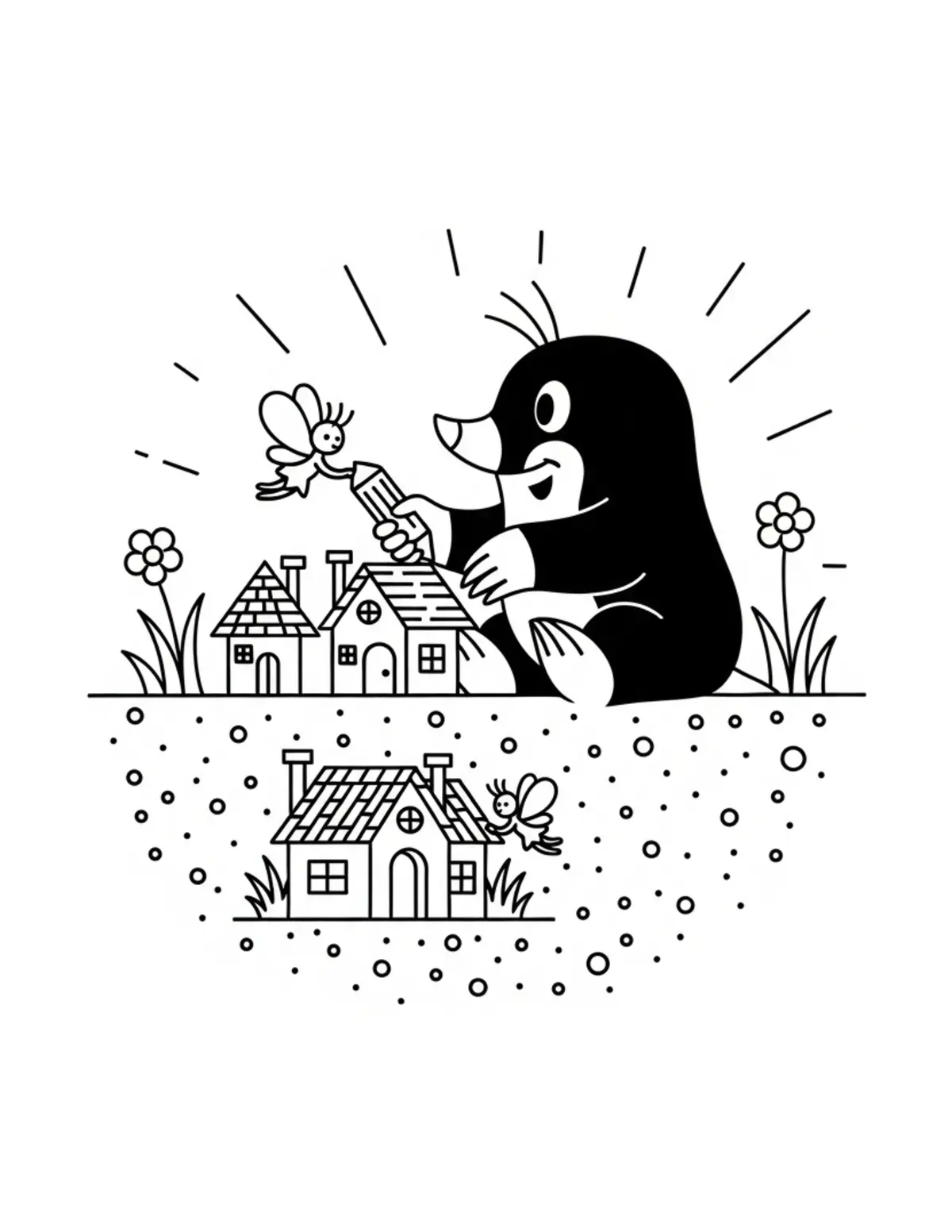Free printable coloring page: cute mole constructing tiny ho coloring page. Cute and cozy tiny animal design for kids and adults to download and print.