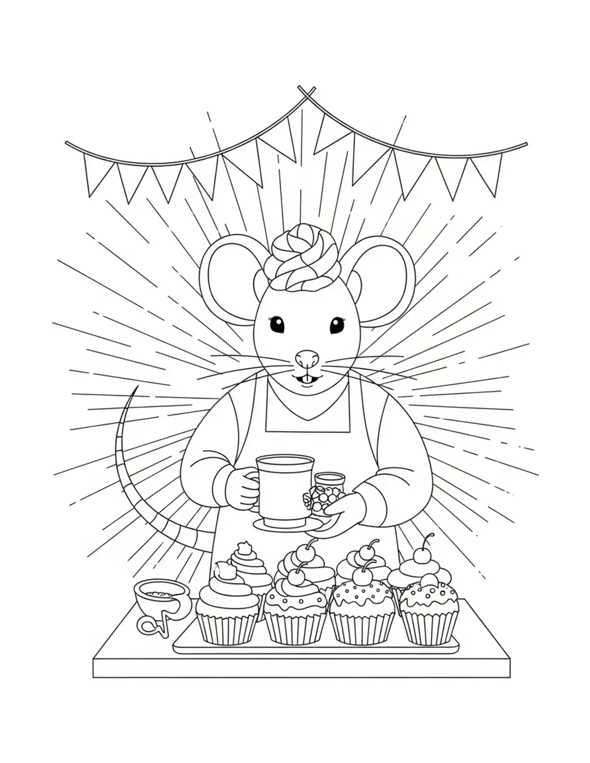 Mouse Preparing Cupcakes For A Coloring Page - free printable JPG featuring adorable mouse bakery scenes