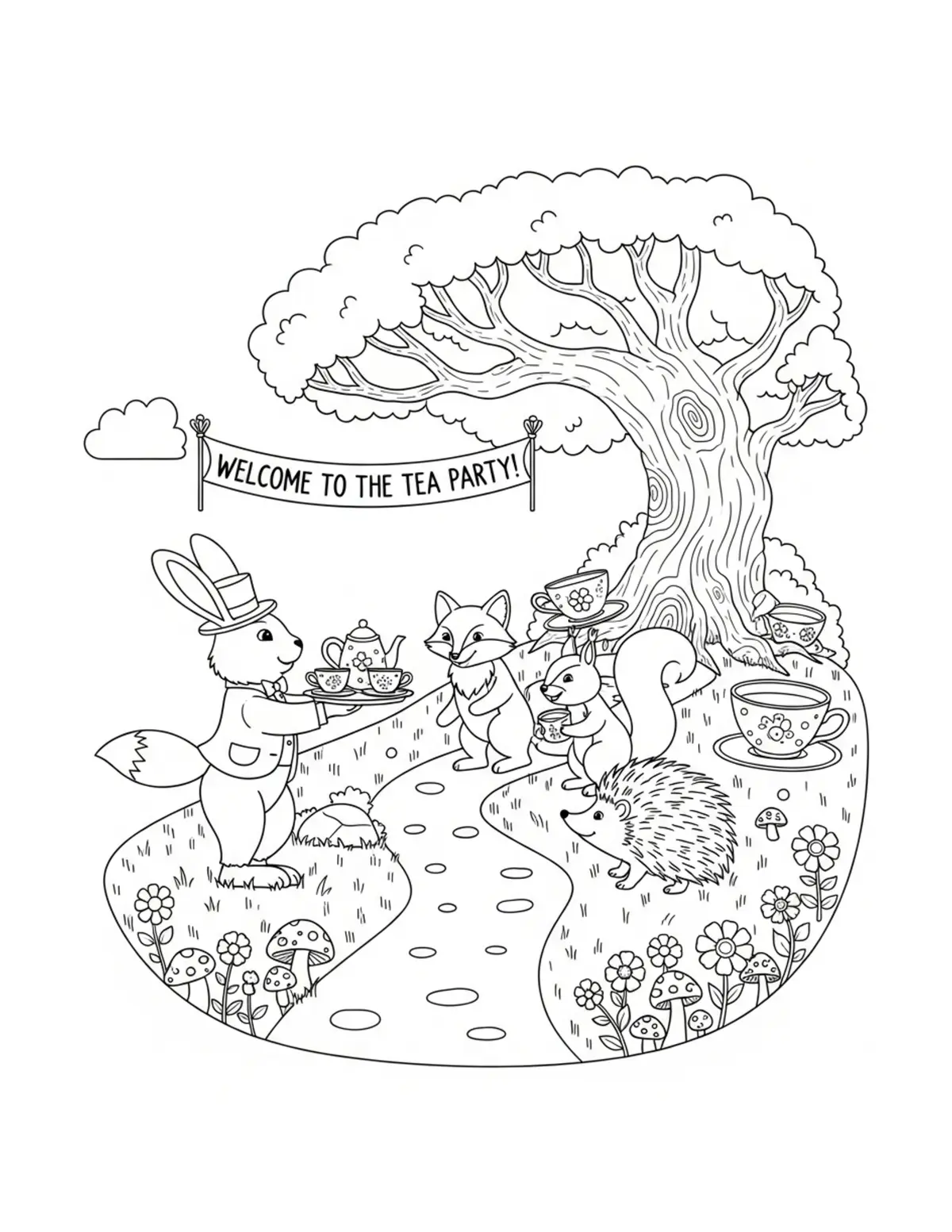 Rabbit Welcoming Guests To A Coloring Page - free printable JPG featuring adorable rabbit