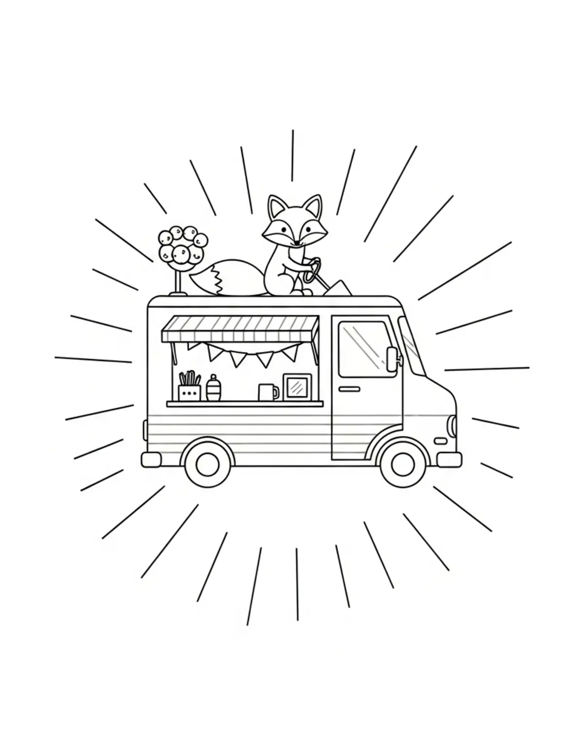 Free printable coloring page: tiny-fox-driving-a-woodland-fo coloring page. Cute and cozy design for kids and adults to download and print.