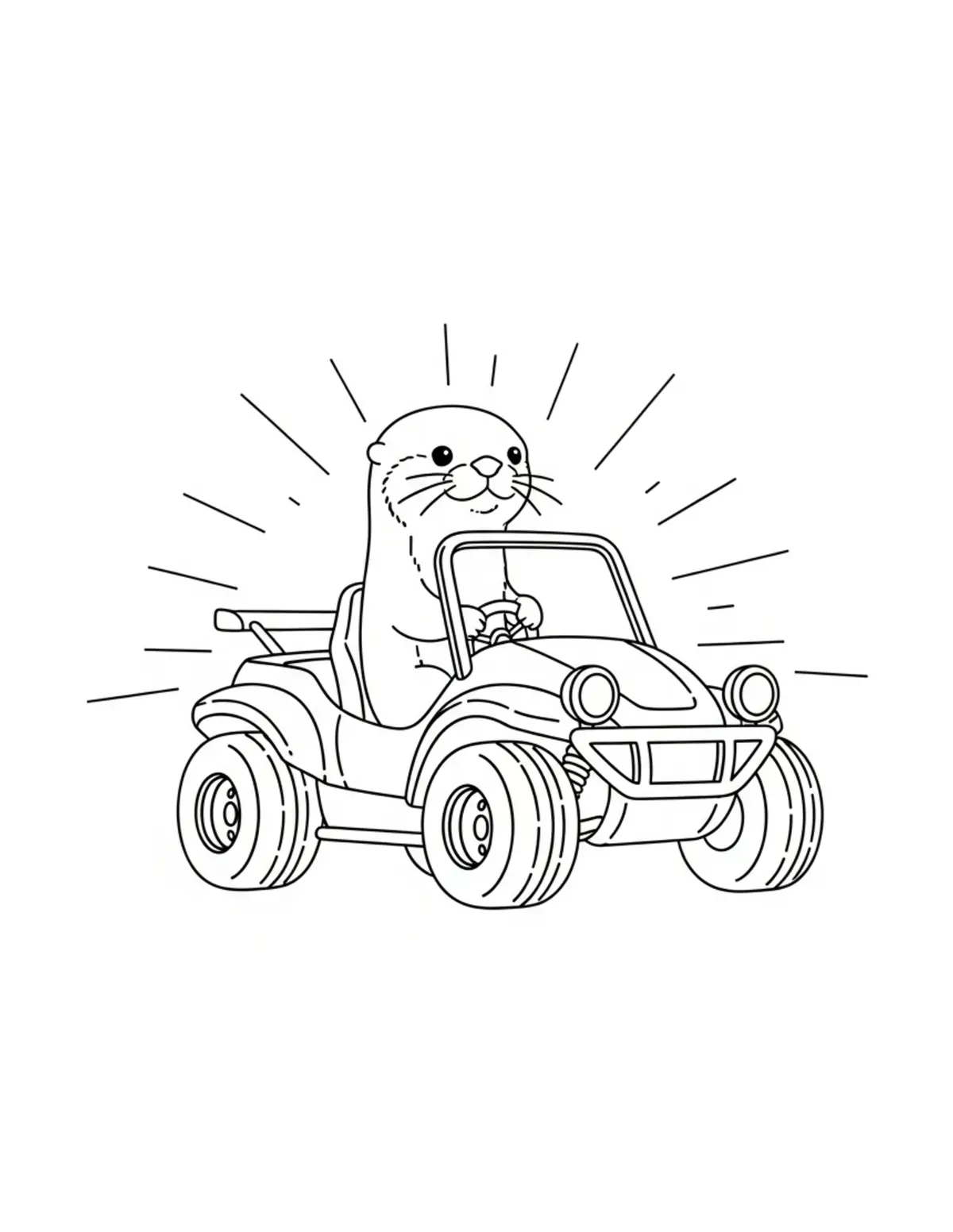 Free printable coloring page: tiny-otter-driving-a-beach-bug coloring page. Cute and cozy design for kids and adults to download and print.