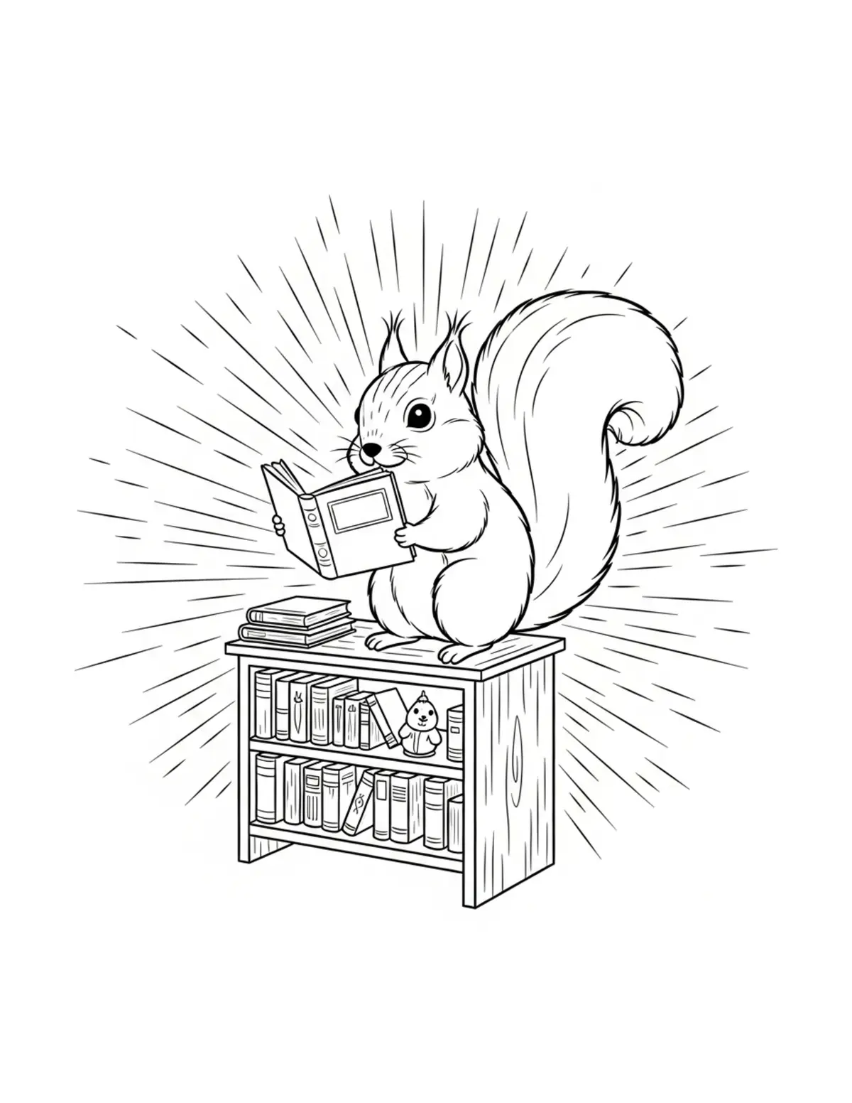 Free printable coloring page: tiny-squirrel-managing-a-woodl coloring page. Cute and cozy design for kids and adults to download and print.