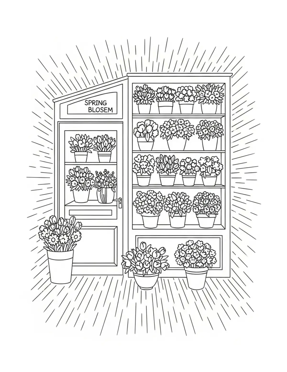 Tiny Flower Shop During Spring Coloring Page - free printable JPG featuring adorable tiny animal village scene