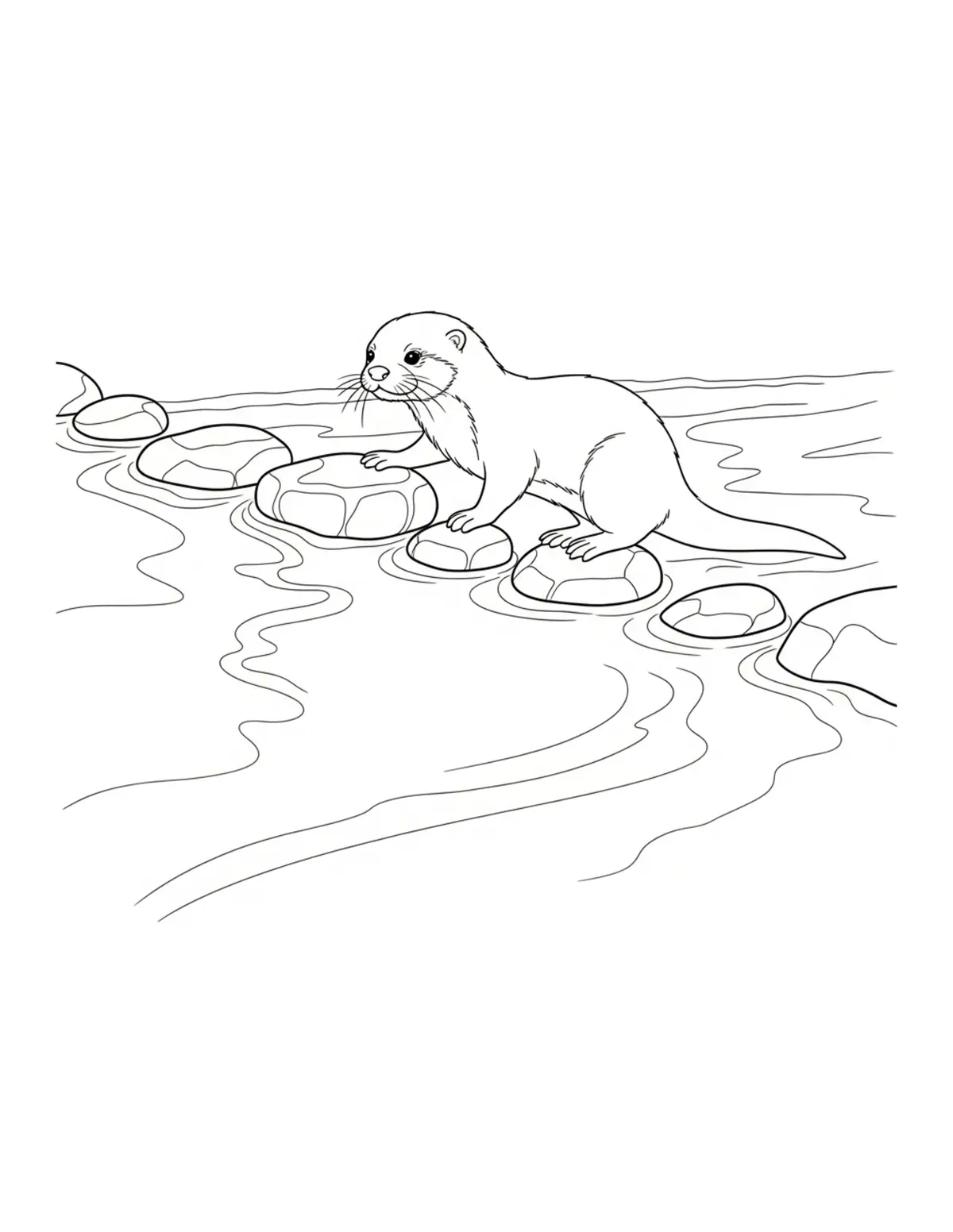 Tiny Otter Building Stepping Stones coloring page - free printable JPG featuring adorable woodland animals