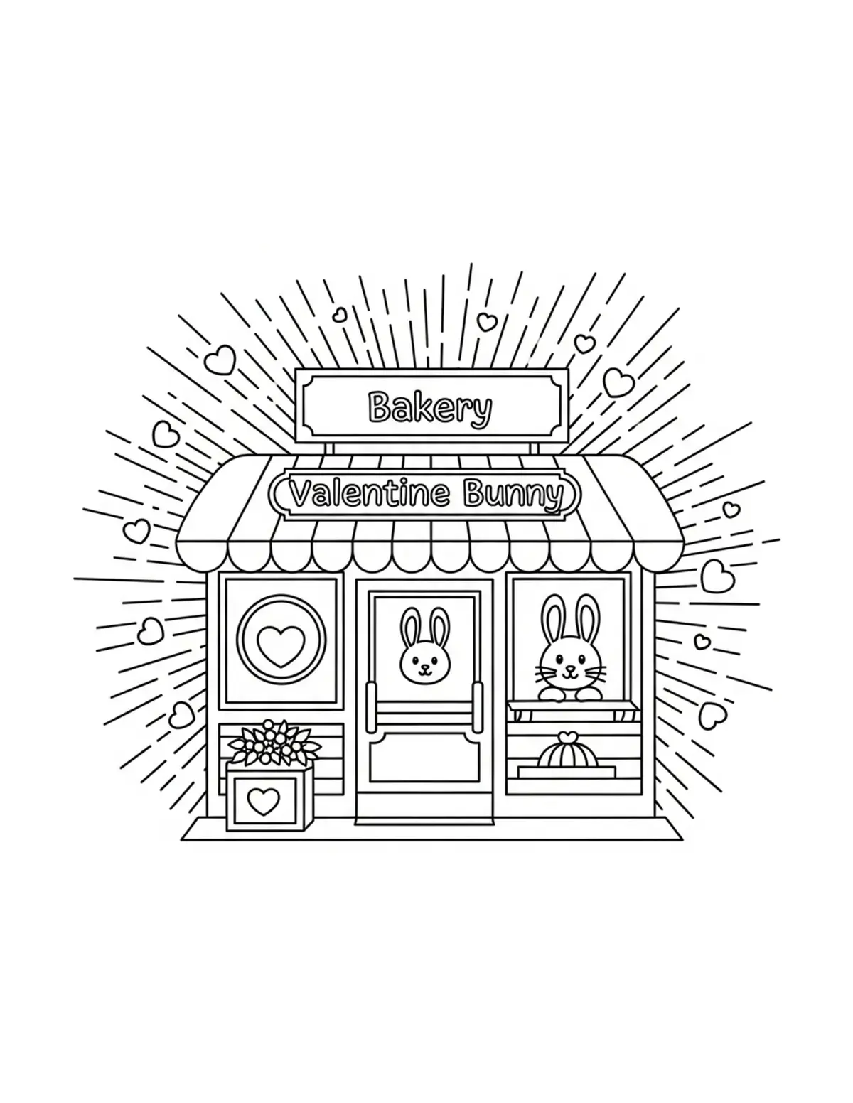 Free printable coloring page: valentine bunny bakery coloring page. Cute and cozy design for kids and adults to download and print.