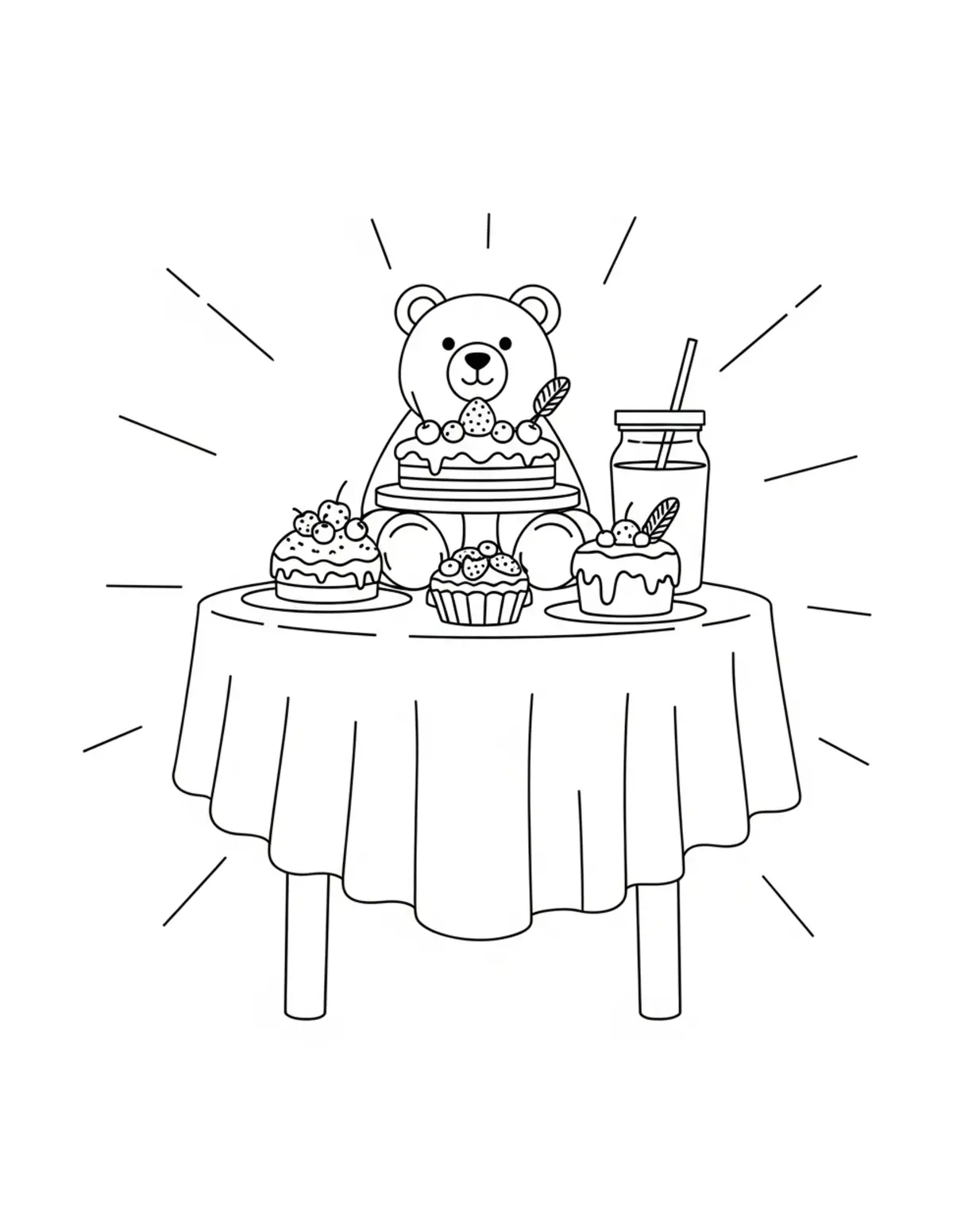 Free printable coloring page: bear-dessert-table coloring page. Cute and cozy design for kids and adults to download and print.
