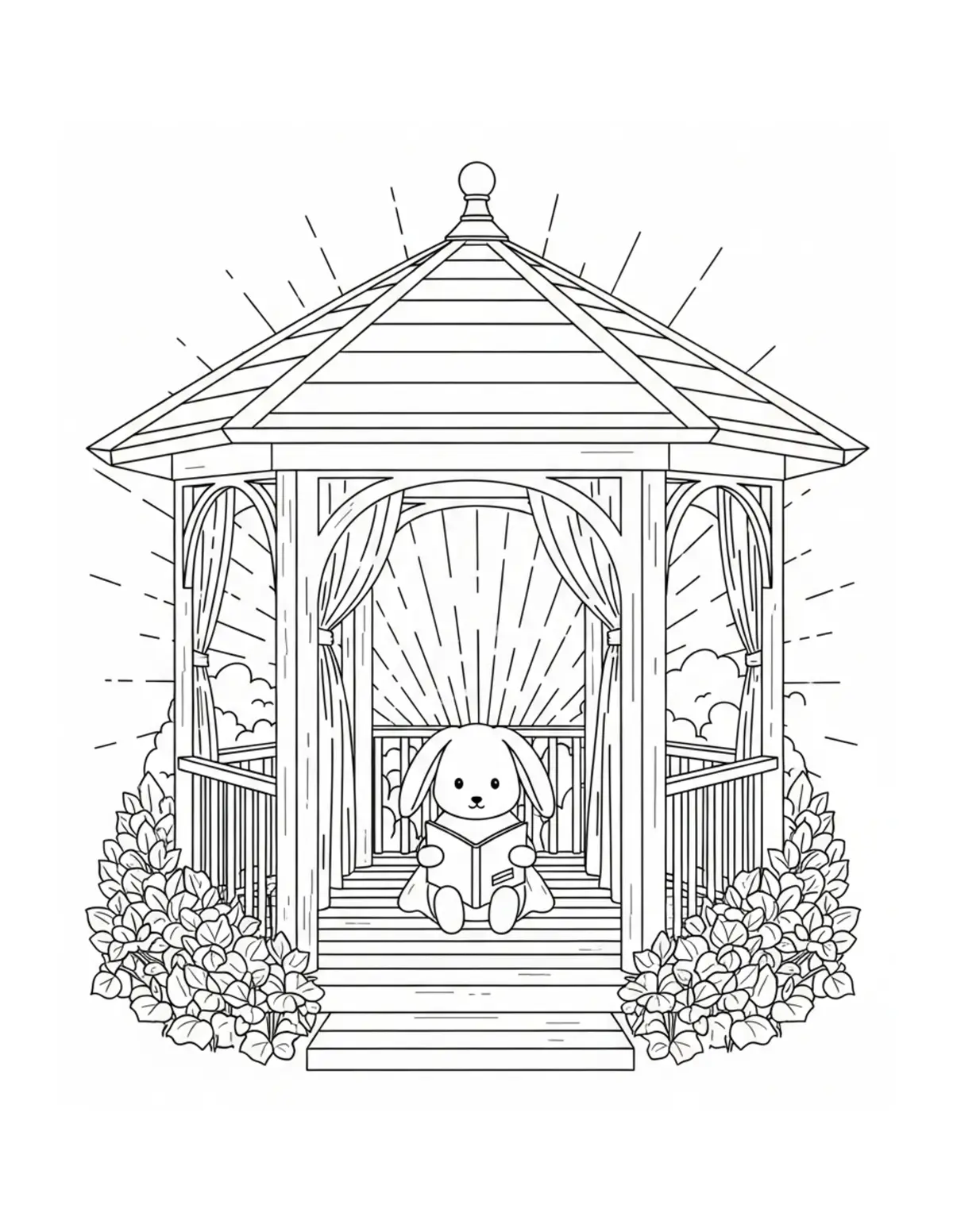 Free printable coloring page: bunny reading in garden gazebo coloring page. Cute and cozy design for kids and adults to download and print.