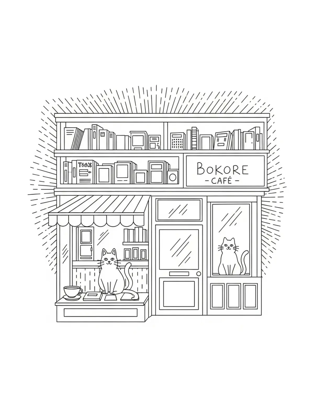 Cat Bookstore Cafe Combination — free printable cozy coloring coloring page for kids and adults