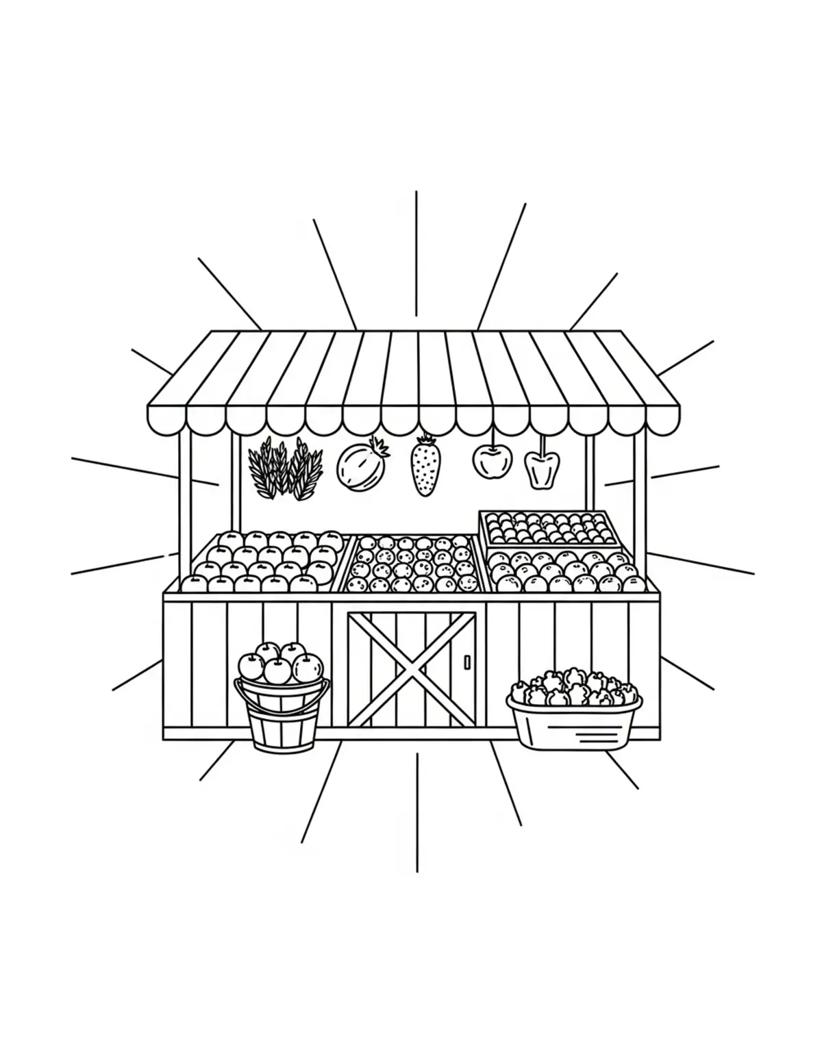 Free printable coloring page: countryside-farm-market coloring page. Cute and cozy design for kids and adults to download and print.