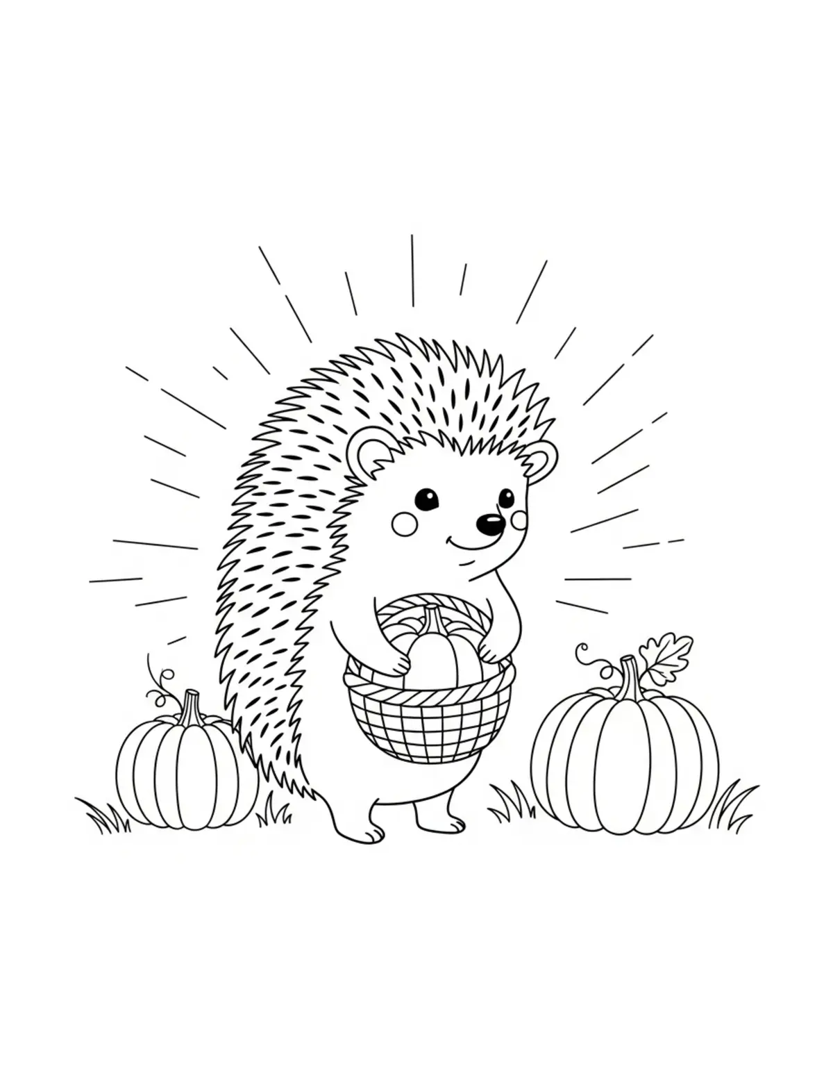 Free printable coloring page: cute hedgehog collecting pumpk coloring page. Cute and cozy animal design for kids and adults to download and print.