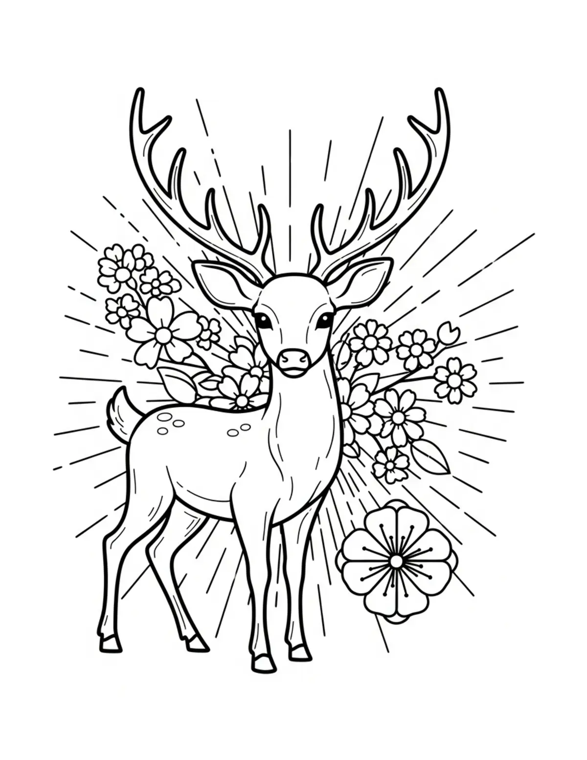 Free printable coloring page: deer flower festival coloring page. Cute and cozy deer cottage design for kids and adults to download and print.