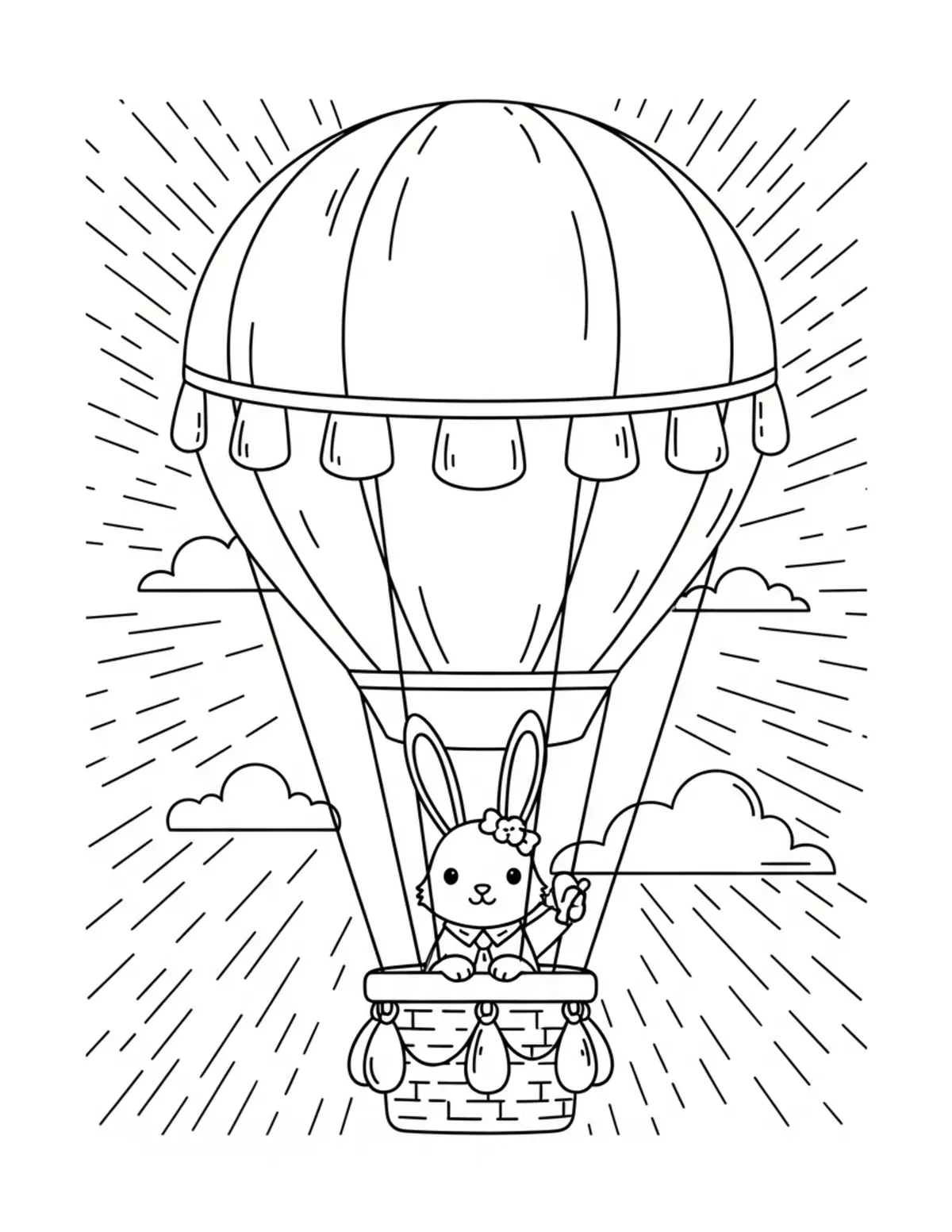 Free printable coloring page: bunny hot air balloon coloring page. Cute and cozy design for kids and adults to download and print.